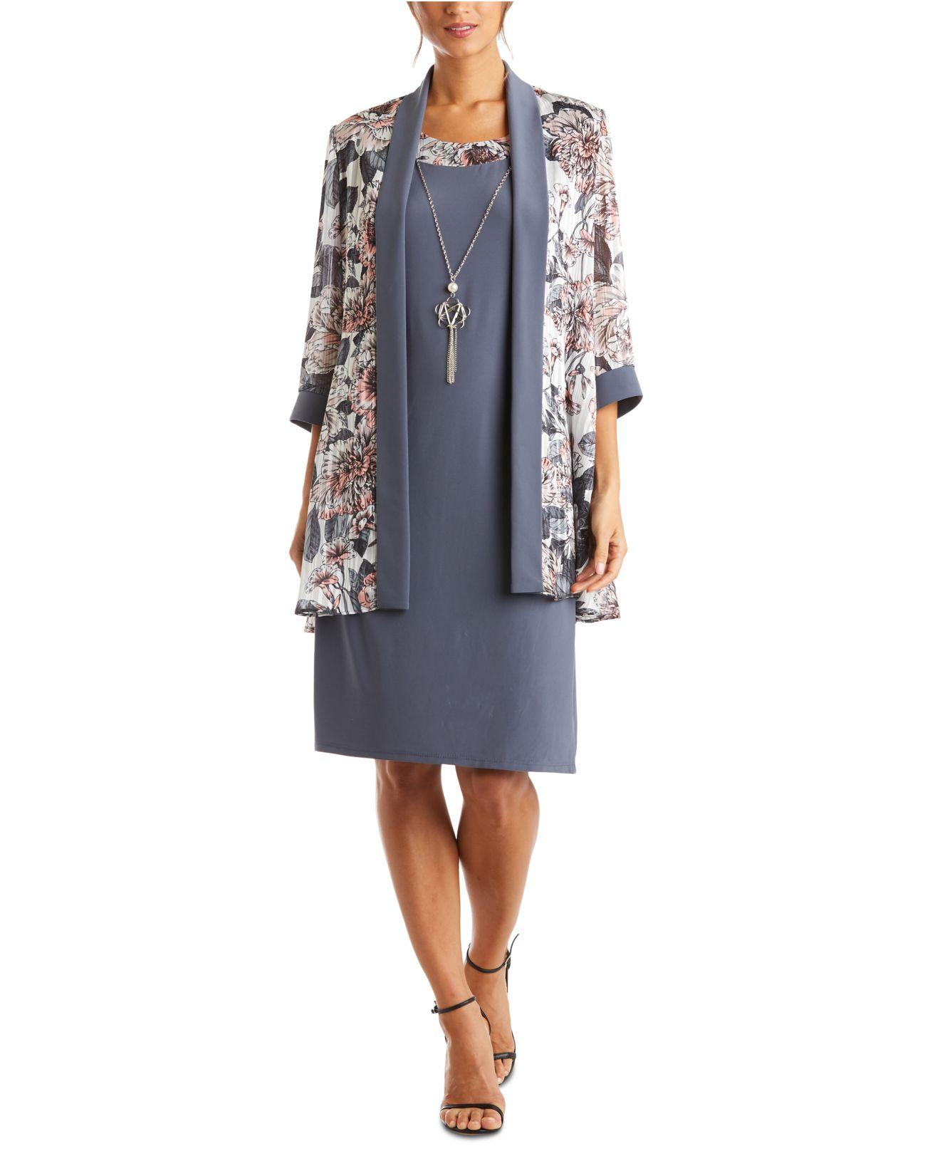 R & M Richards Petite Chiffon Jacket & Dress With Necklace in Grey ...
