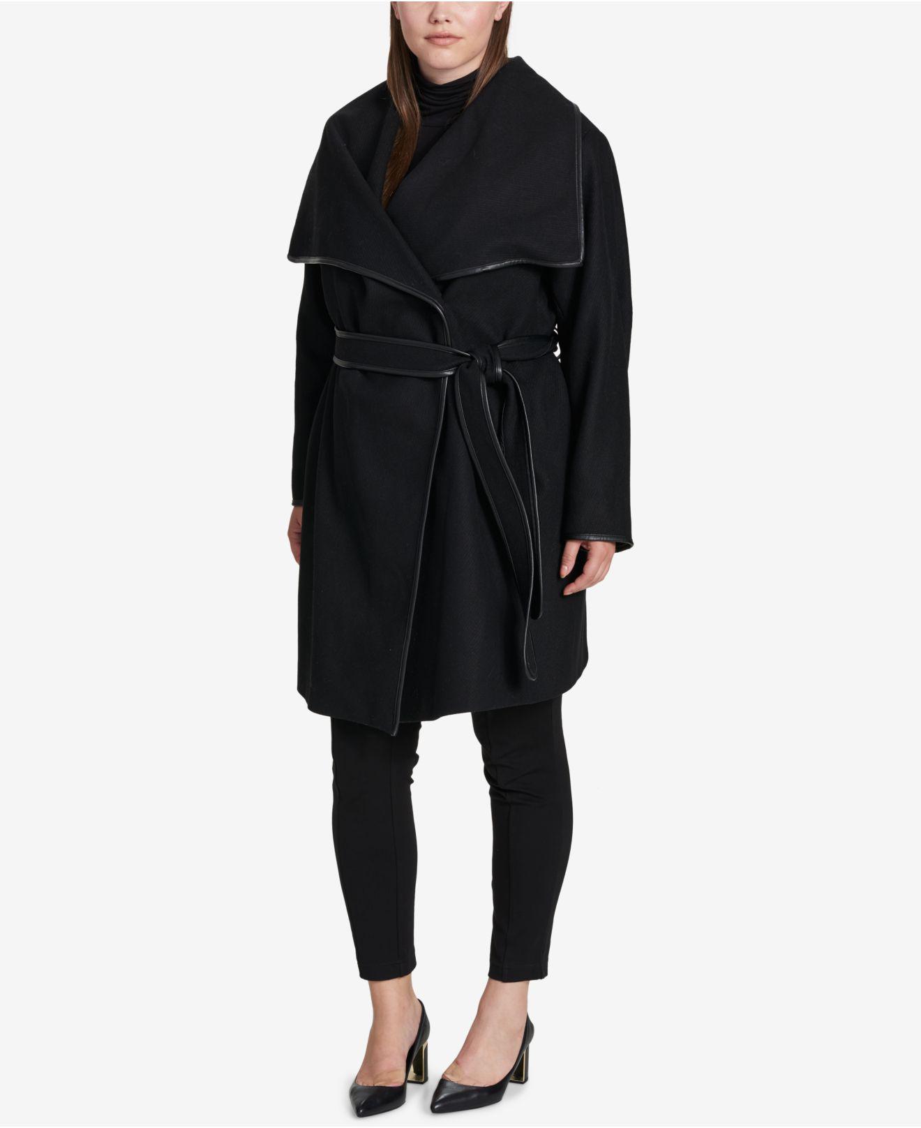 DKNY Plus Size Faux-leather-trim Belted Wrap Coat in Black - Lyst