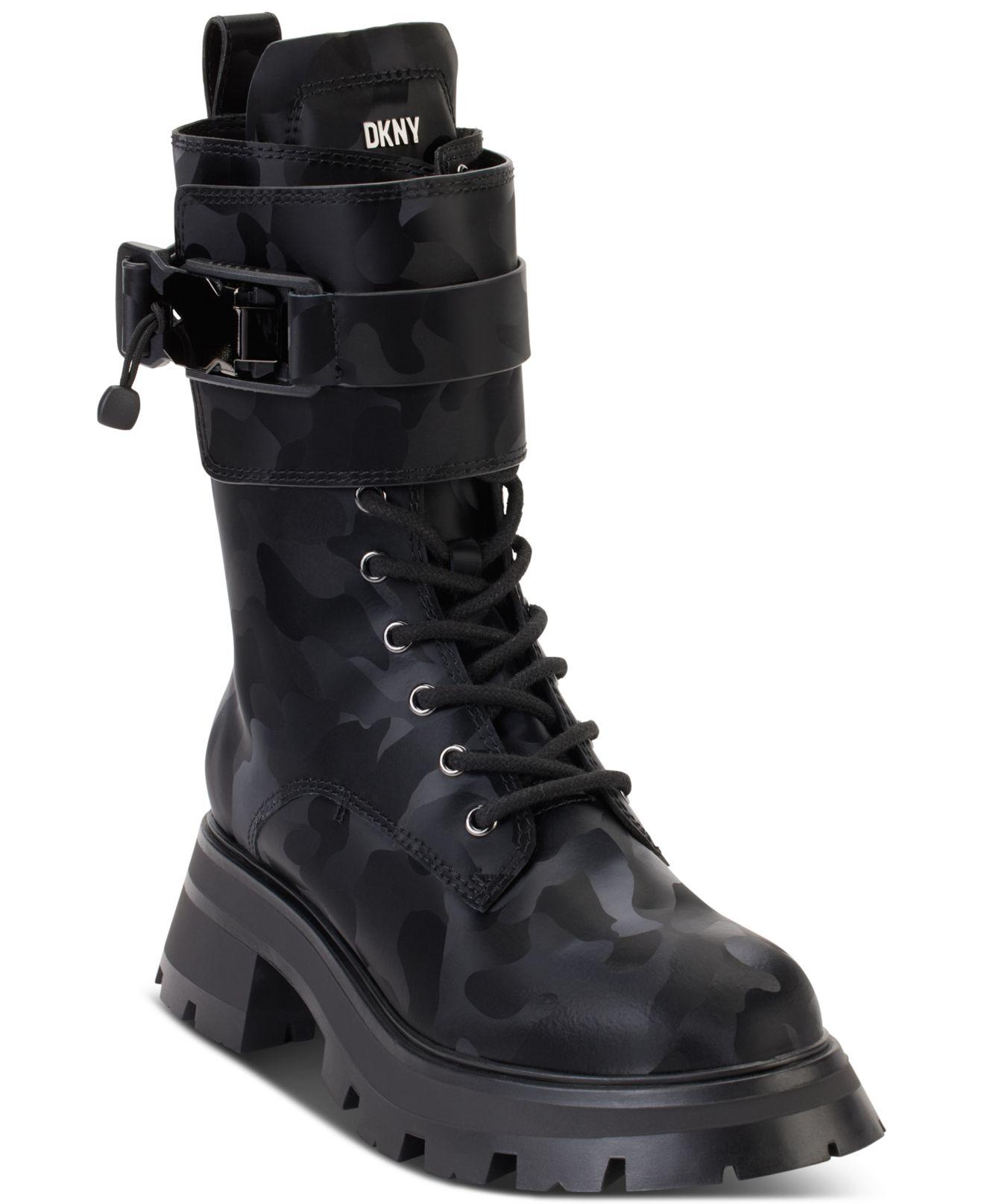 DKNY Sava Laceup Buckled Combat Boots in Black Lyst