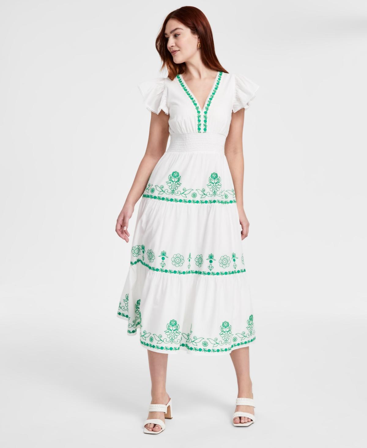 Adrianna Papell Cotton Embroidered Midi Dress in White | Lyst