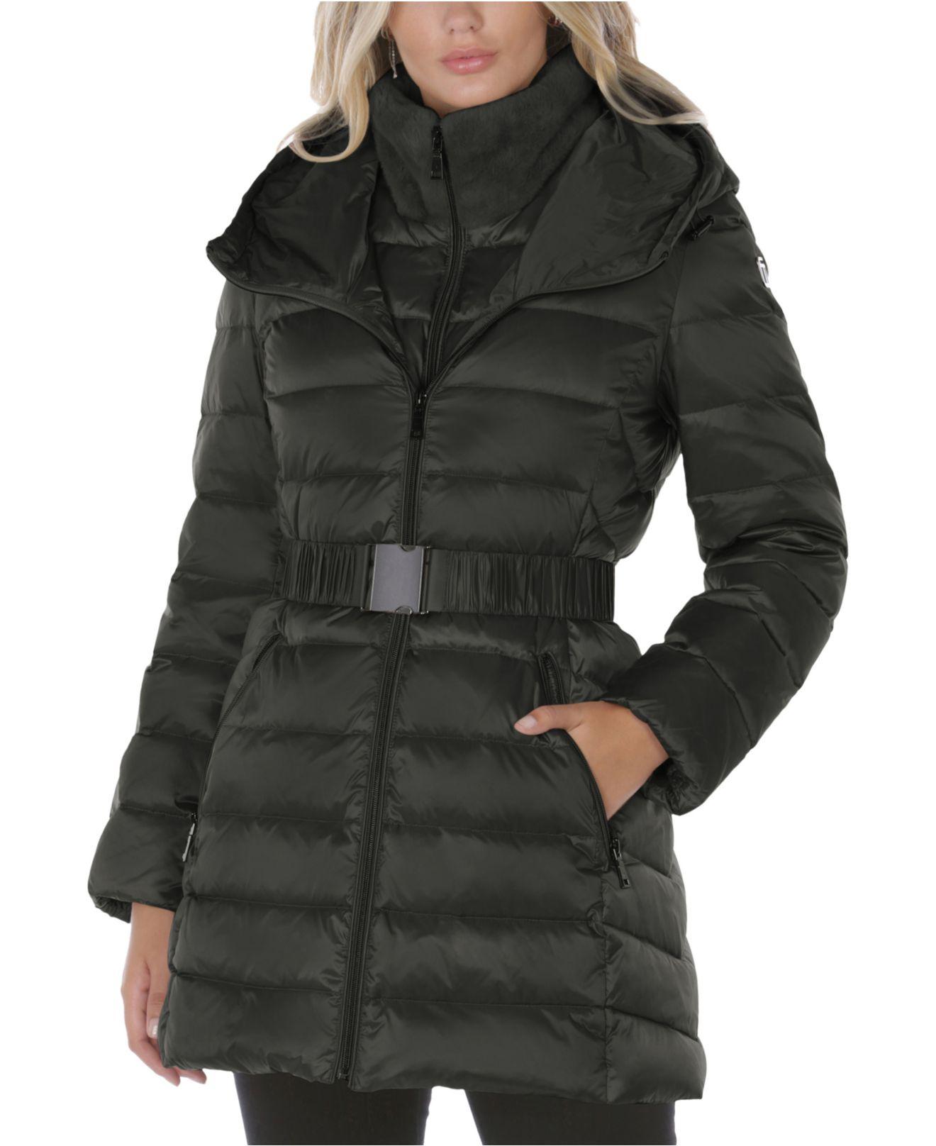 tahari faux fur trim hood long puffer jacket