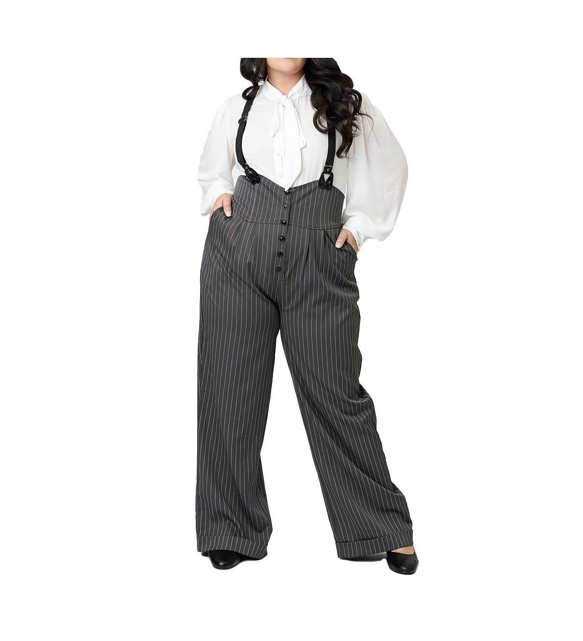high waisted dress pants with suspenders Green 1930s Solid Suspender Pants