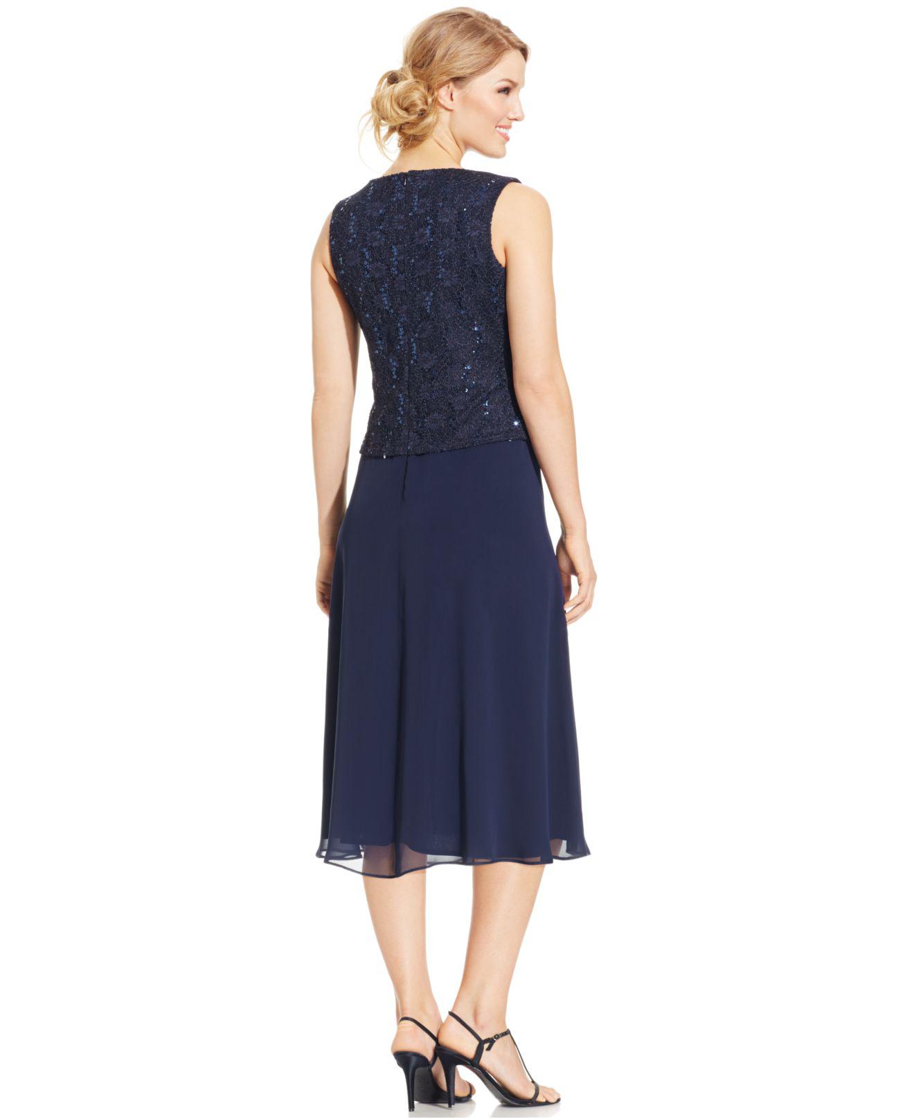 R & M Richards R&m Richards Sequined Lace Chiffon Dress And Jacket in Navy (Blue) - Lyst