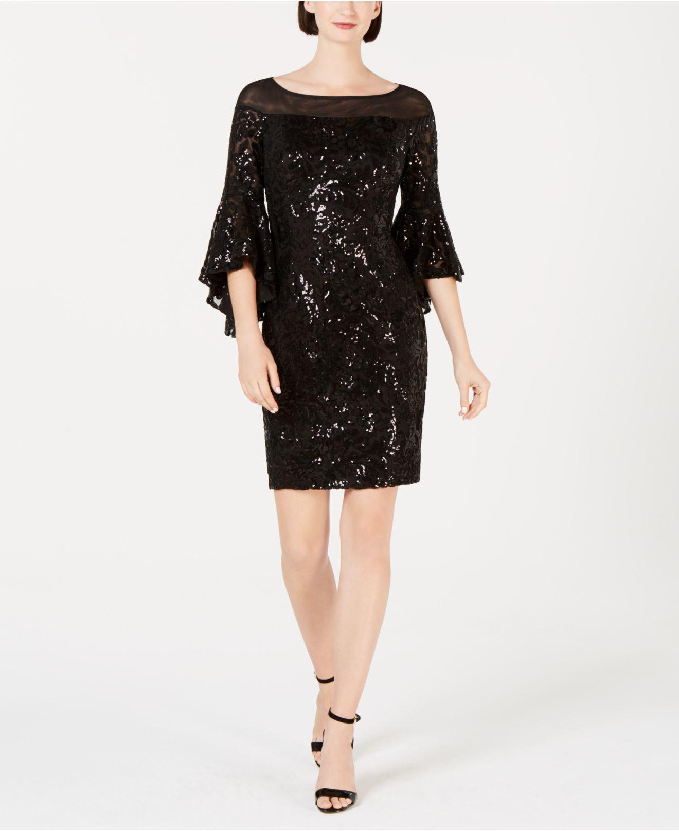 Calvin Klein Synthetic Sequin Bell-sleeve Sheath Dress in Black - Lyst