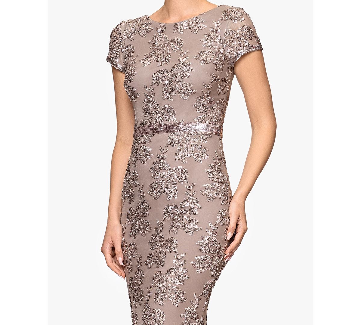 betsy and adam sequin dress & Women's Long Mesh Embroidered Cap Sleeve bow accent at shoulder and neckline Christy" Sequin With Satin Bow