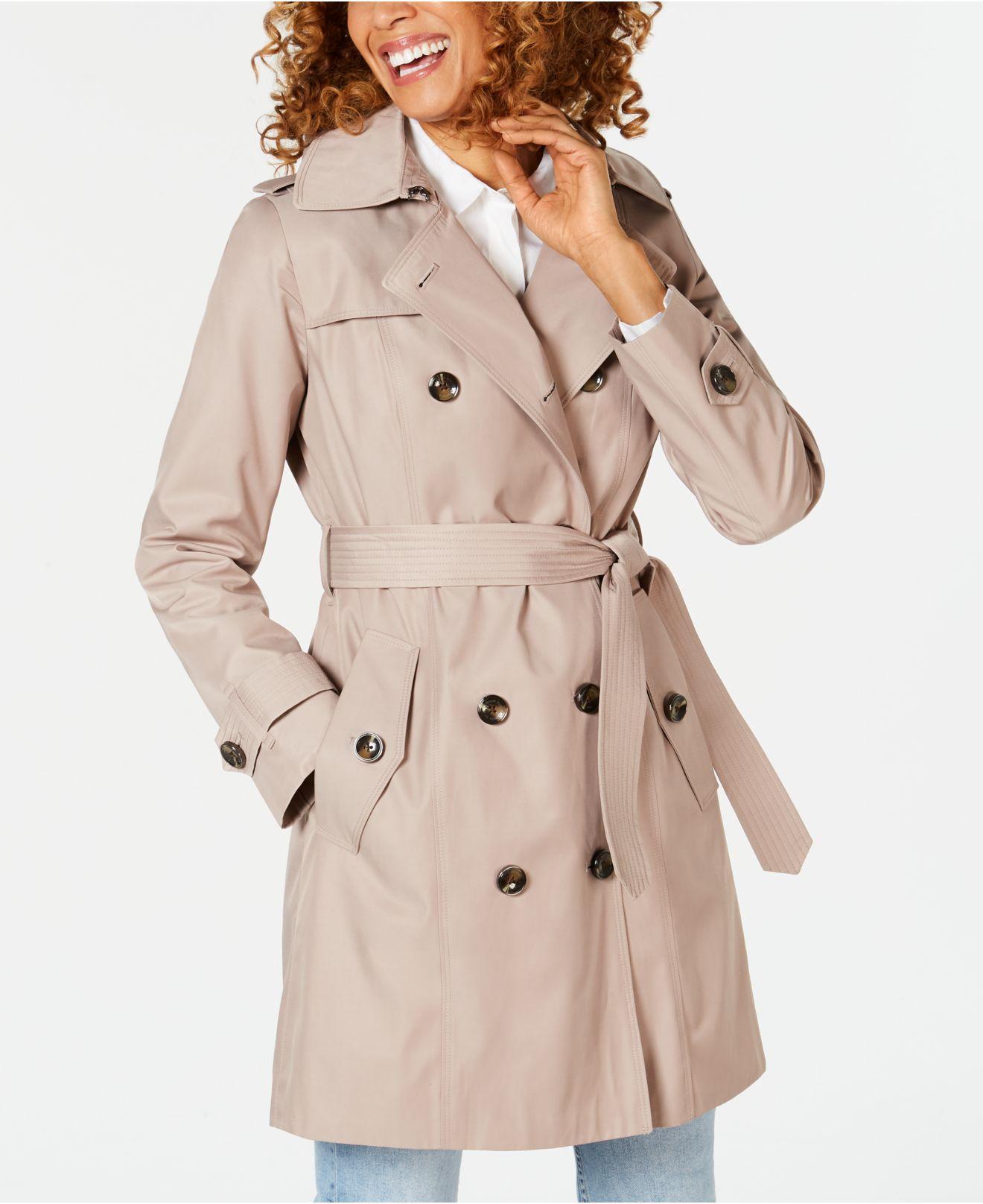 London Fog Cotton Petite Hooded Double-breasted Water-repellent Trench ...