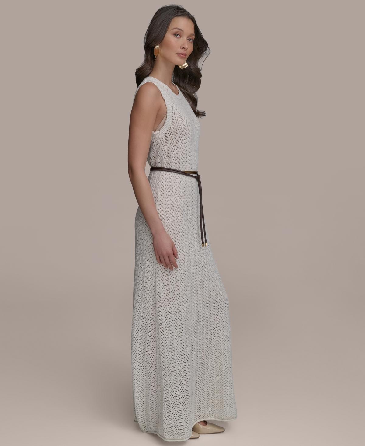 【Donna Karan New York】Pointelle Knit Belted Dress Donna Karan Pointelle Knit Belted Dress in Natural | Lyst