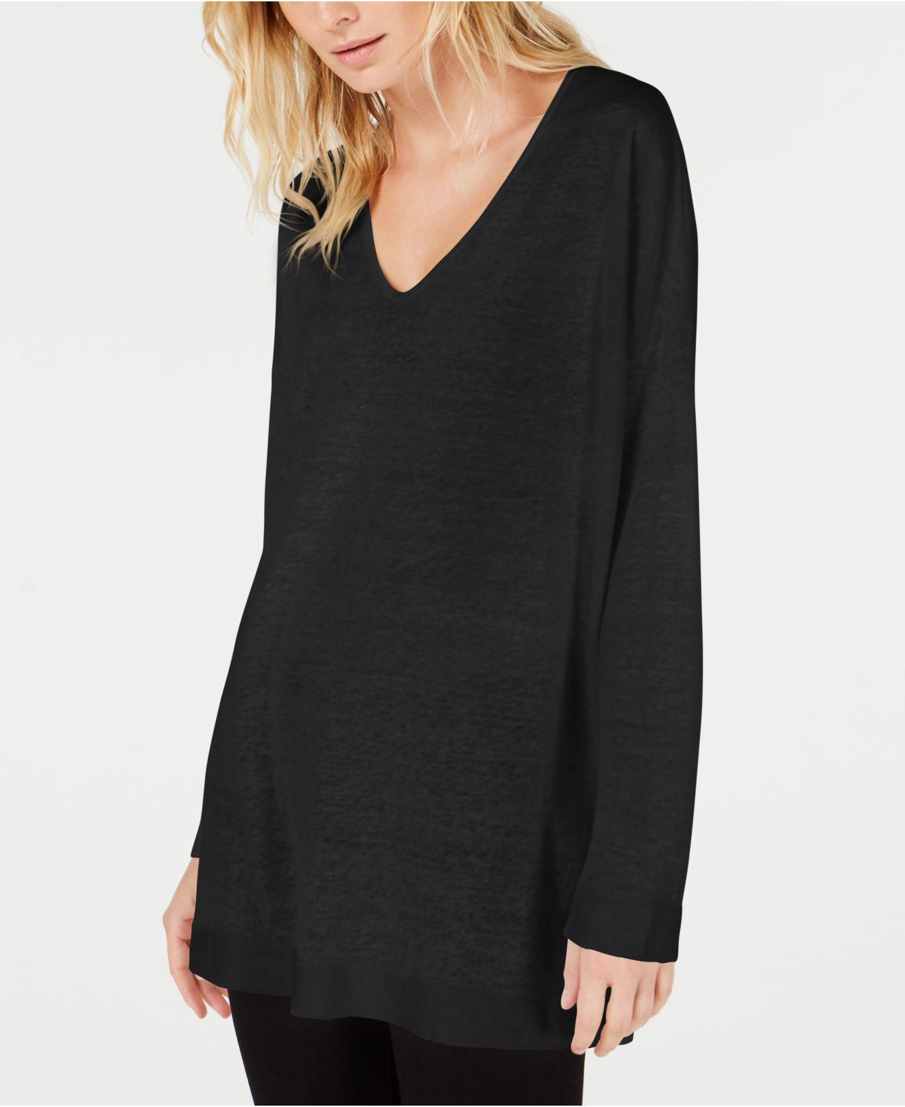 Eileen Fisher Denim Organic Vneck Tunic Sweater in Black Lyst