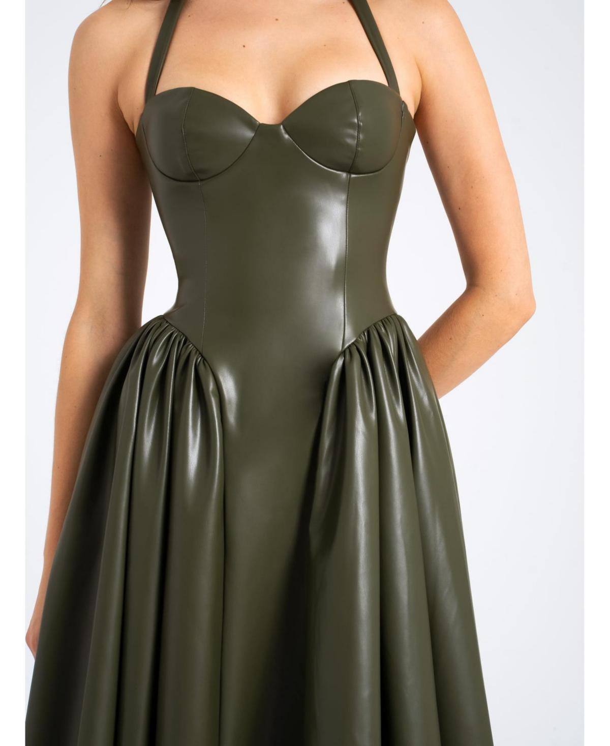 Miss Circle Eliana Olive Faux Leather Dress in Green | Lyst