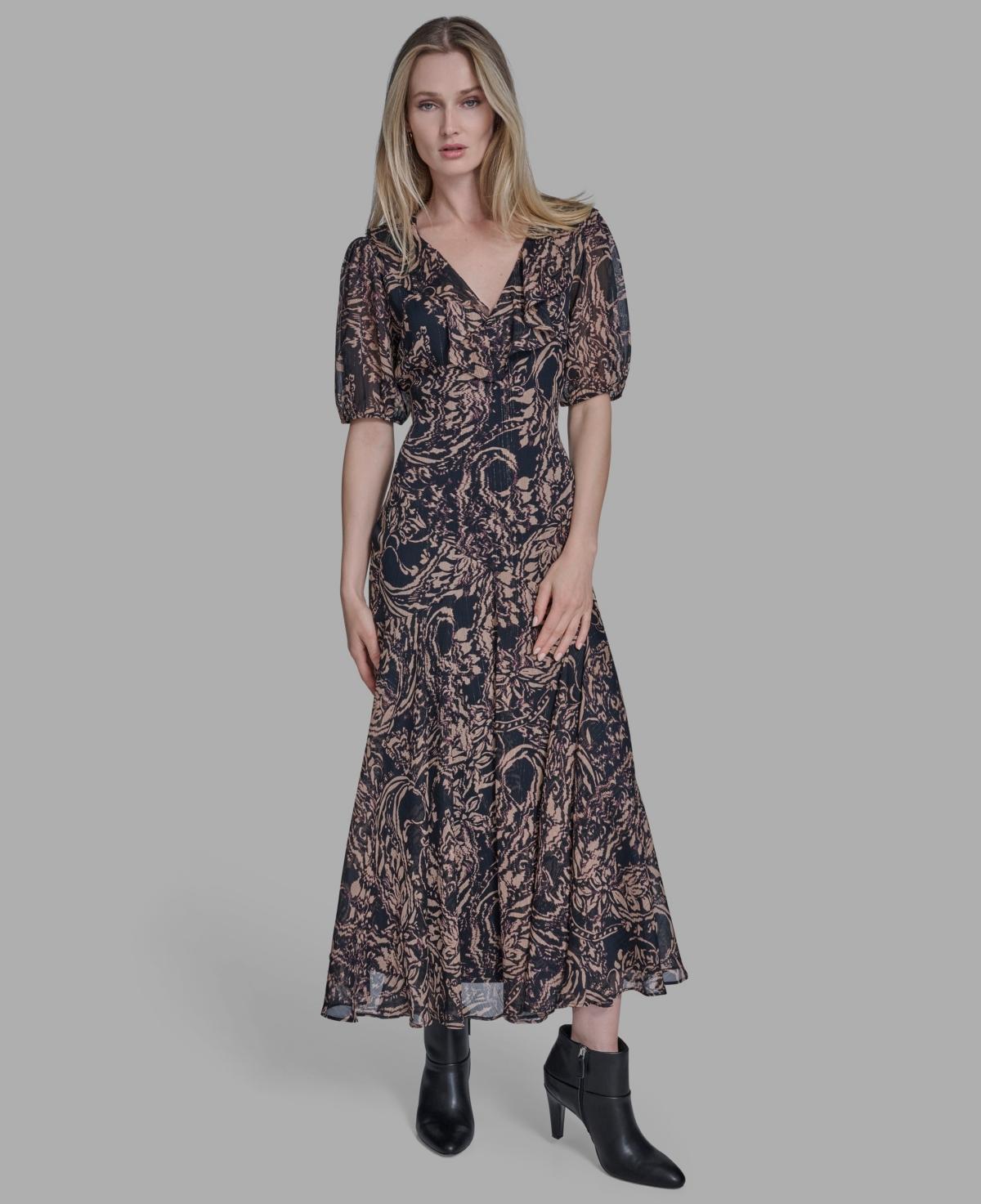 BCBGMAXAZRIA Chiffon Puff Sleeve Open-back Midi Dress in Gray | Lyst