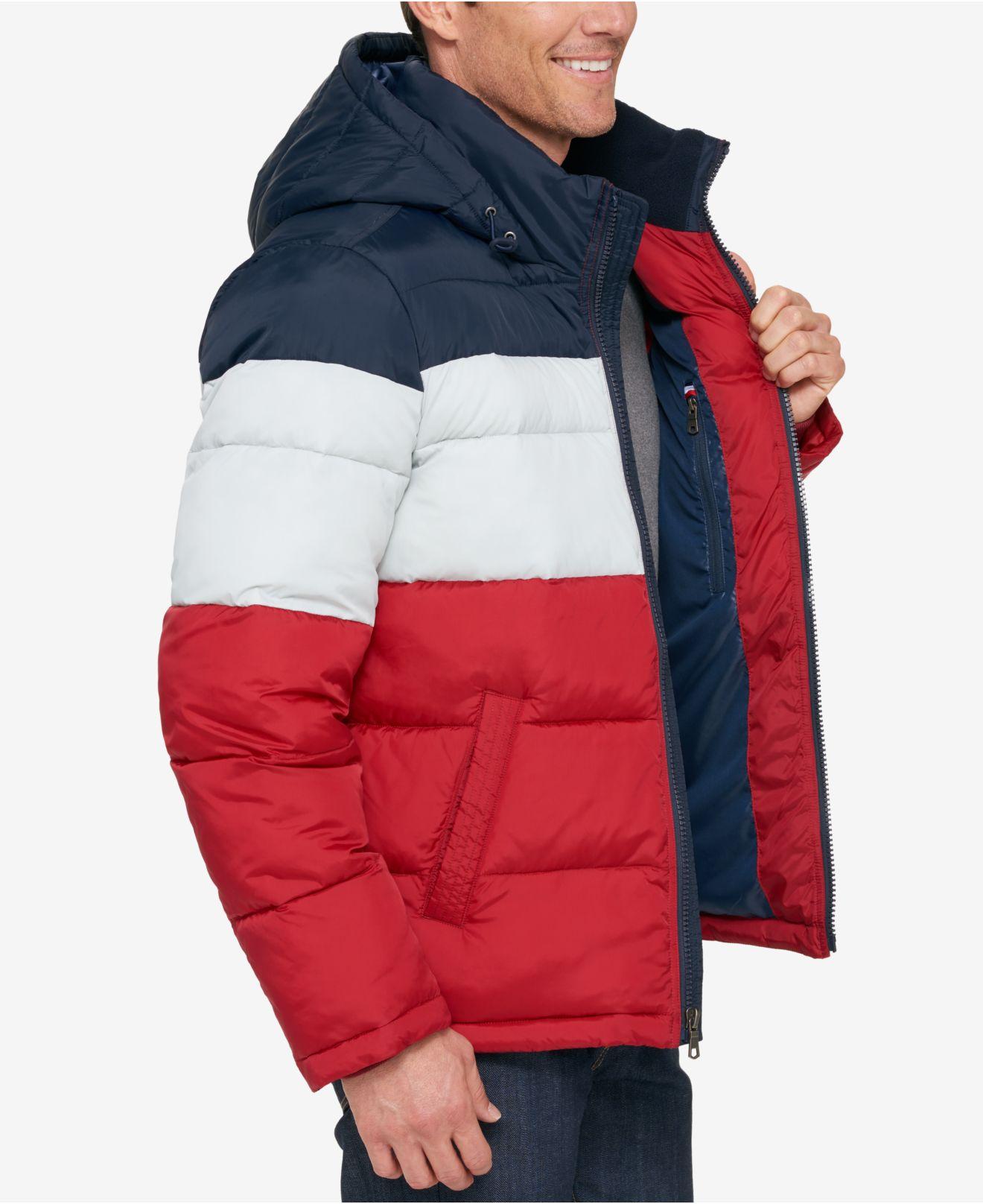 tommy hilfiger puffer jacket red white and blue