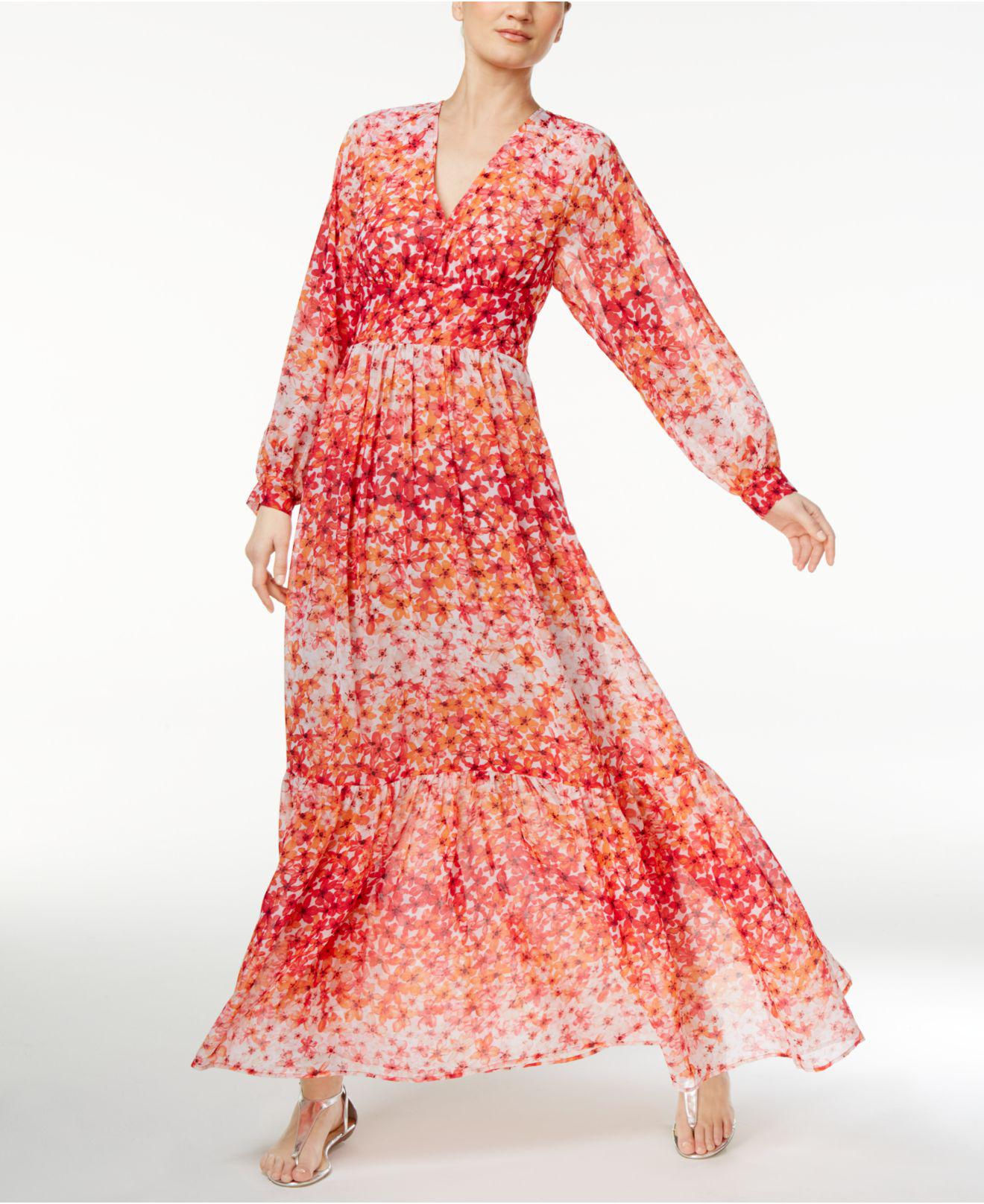 Calvin Klein Synthetic Long-sleeve Printed Boho Maxi Dress in Red - Lyst