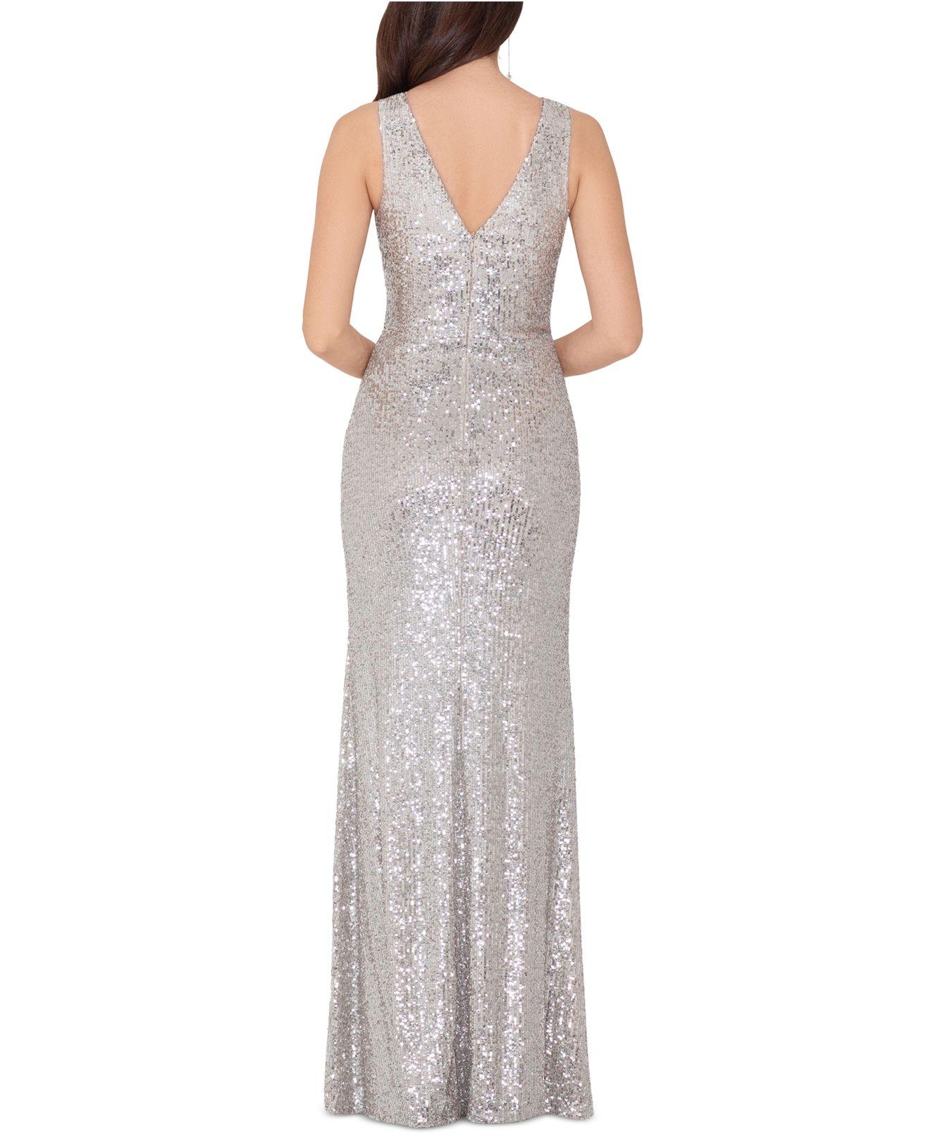 Xscape Synthetic Sequinned V-neck Gown in Silver (Metallic) - Lyst