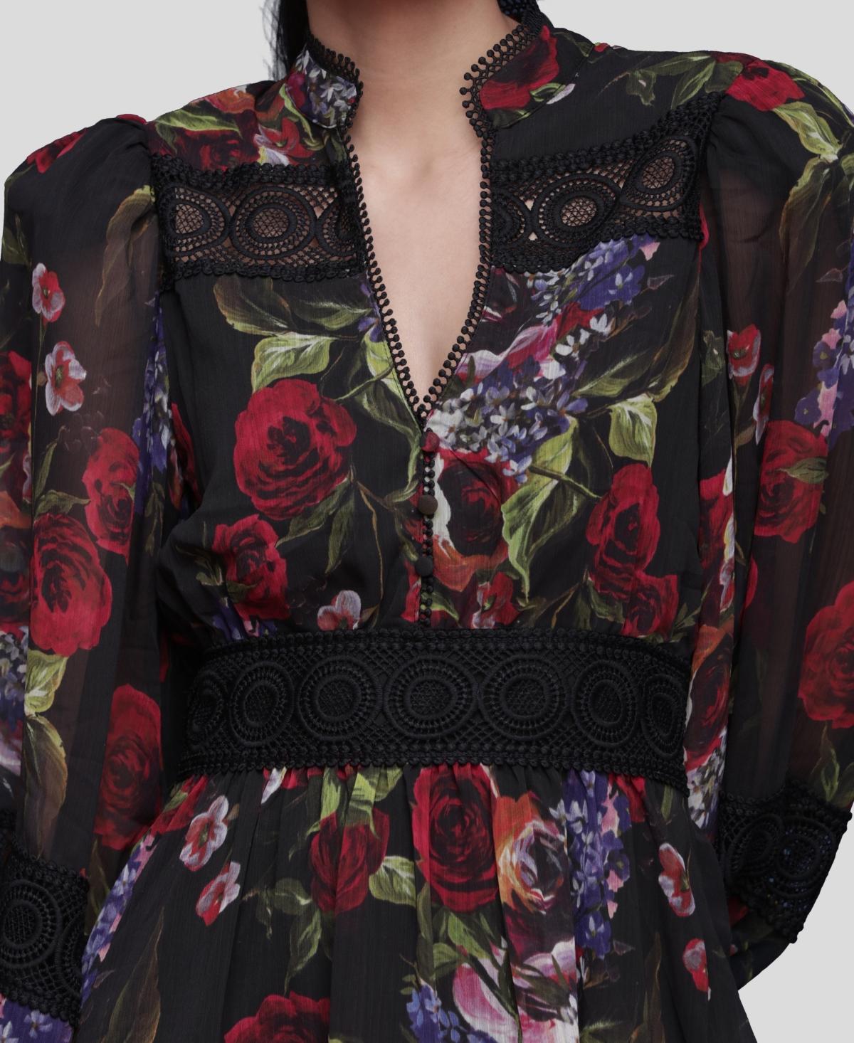 Avec Les Filles Floral-print Lace-trim Chiffon Dress in Black | Lyst