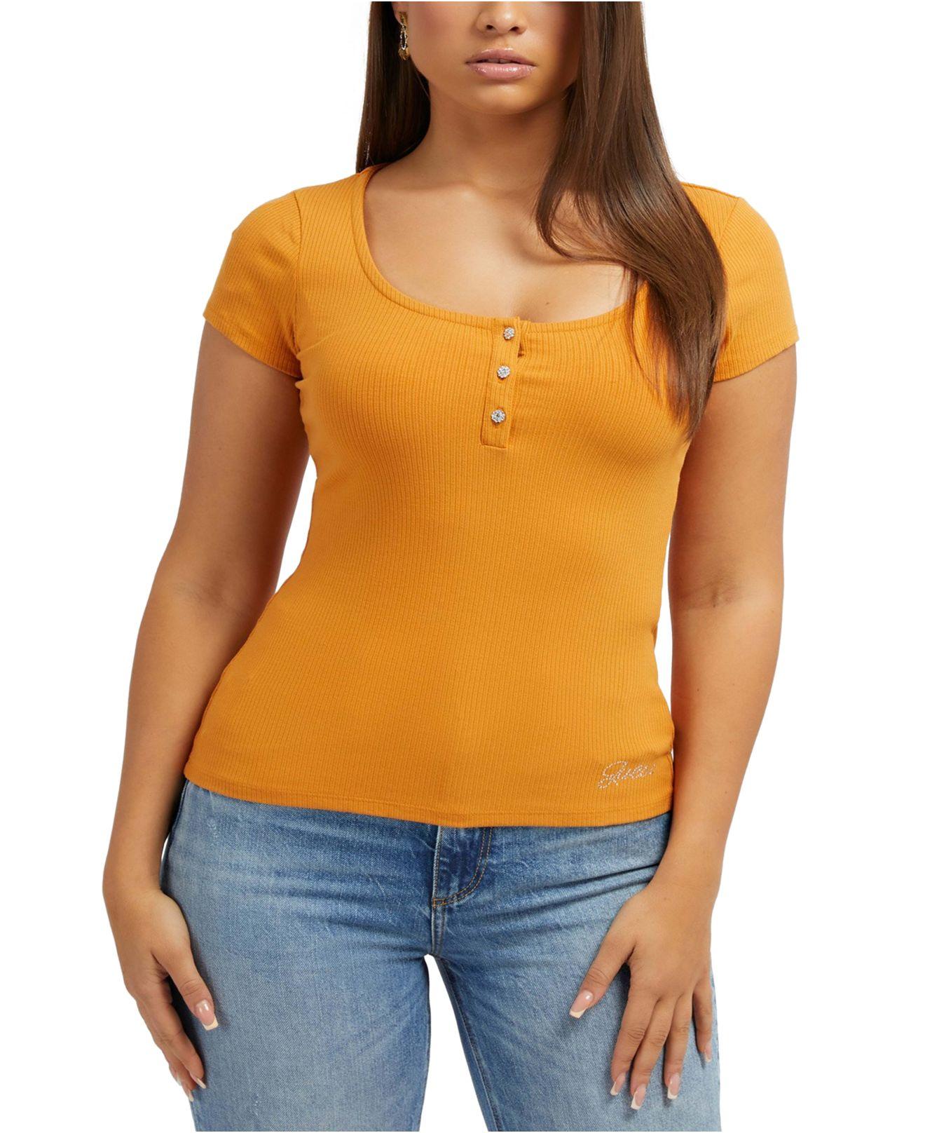 Guess Women's Karlee Jewel-button Ribbed Henley Top in Orange | Lyst