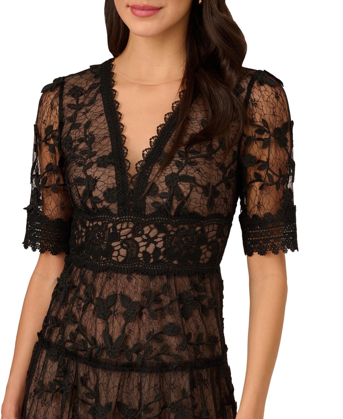 Adrianna Papell V-neck Lace Embroidery Dress in Black | Lyst