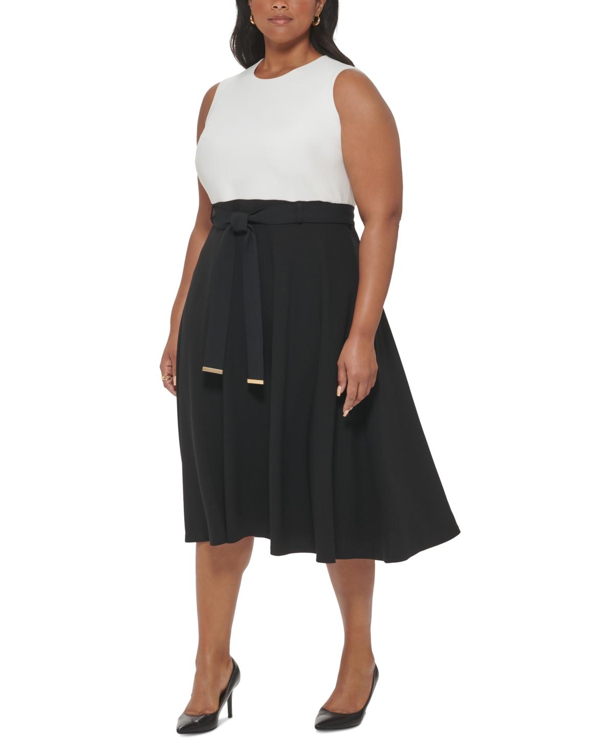 Plus Size Macy's Black Calvin Klein Dress Calvin Klein Plus Size Belted  A-line Sleeveless Dress In Black Lyst