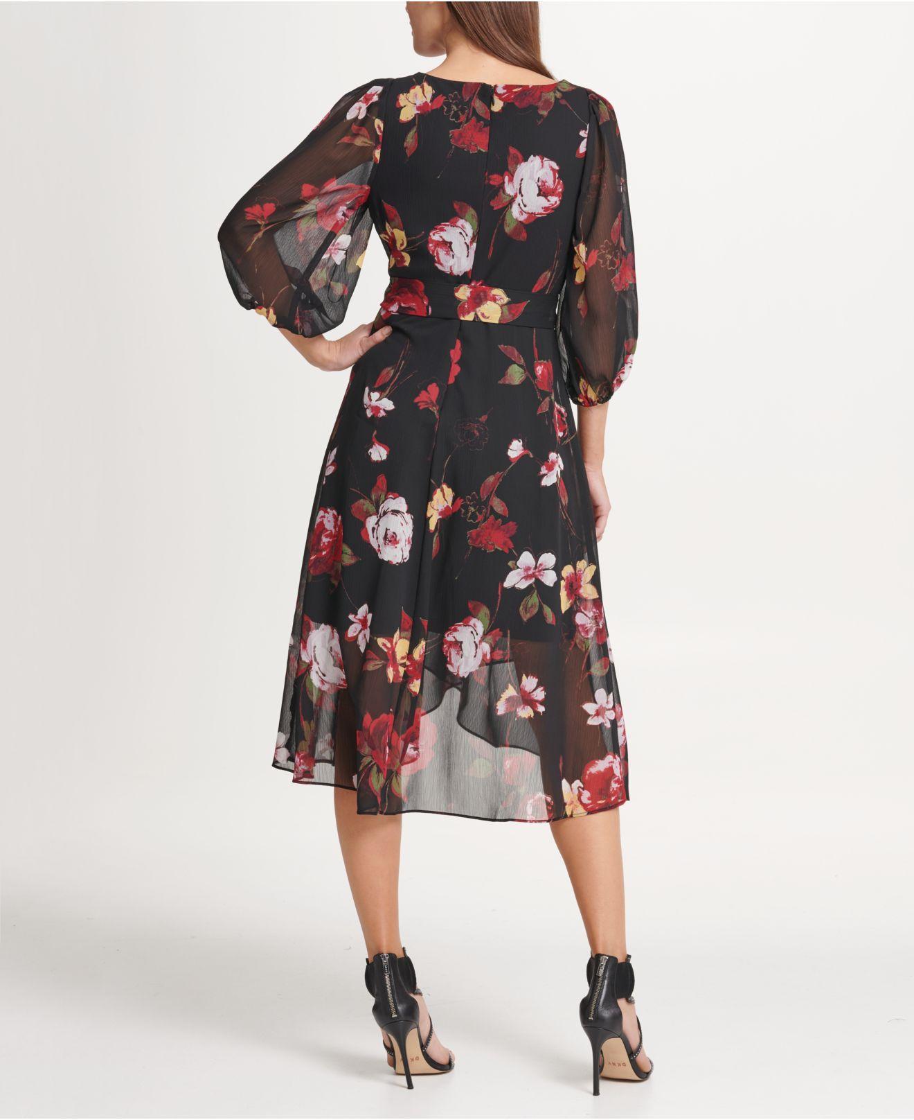 DKNY Balloon Sleeve Chiffon Midi Dress in Black - Lyst