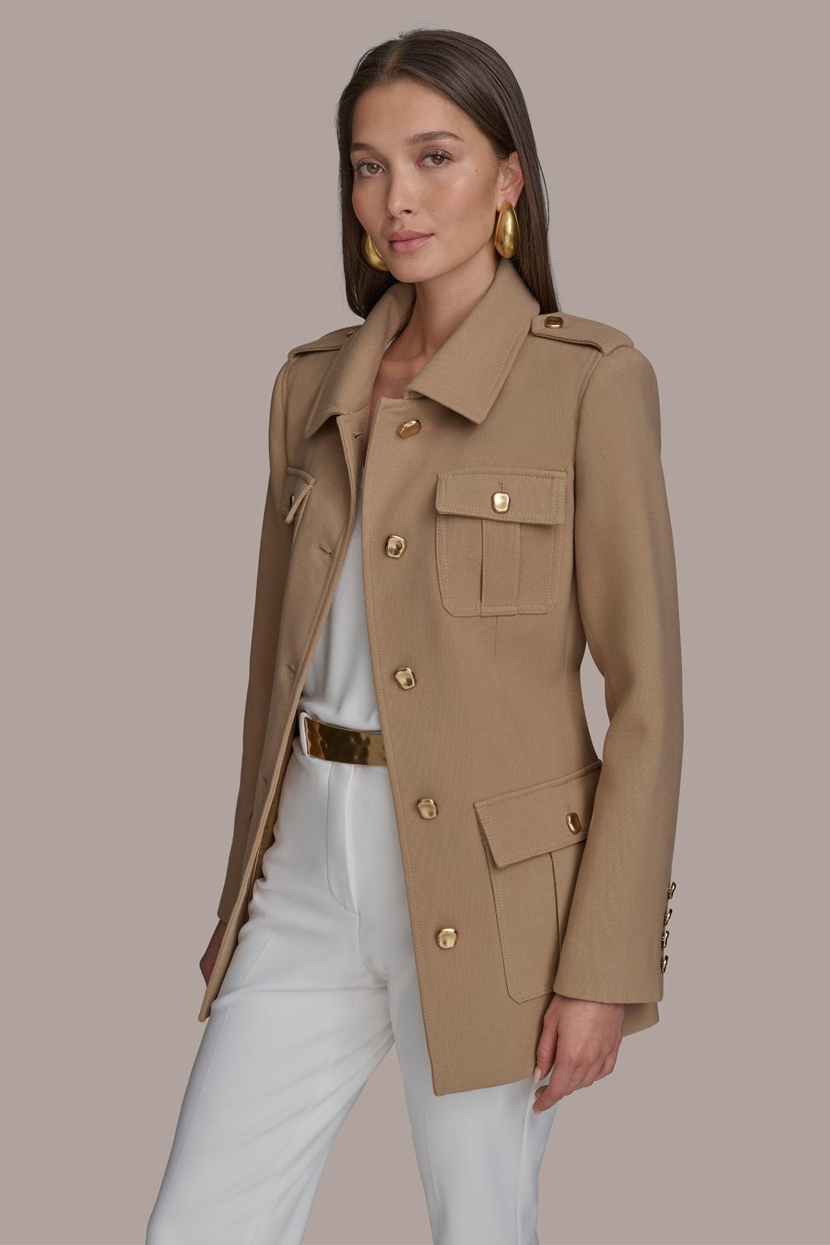 Donna Karan Belted Crepe Jacket in Brown | Lyst