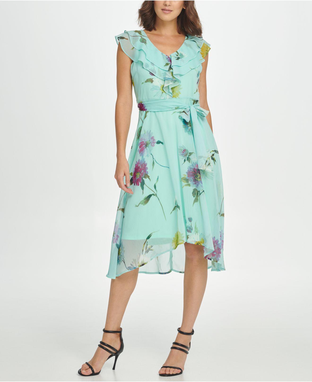 DKNY Chiffon Double Ruffle V-neck Midi Dress in Green - Lyst