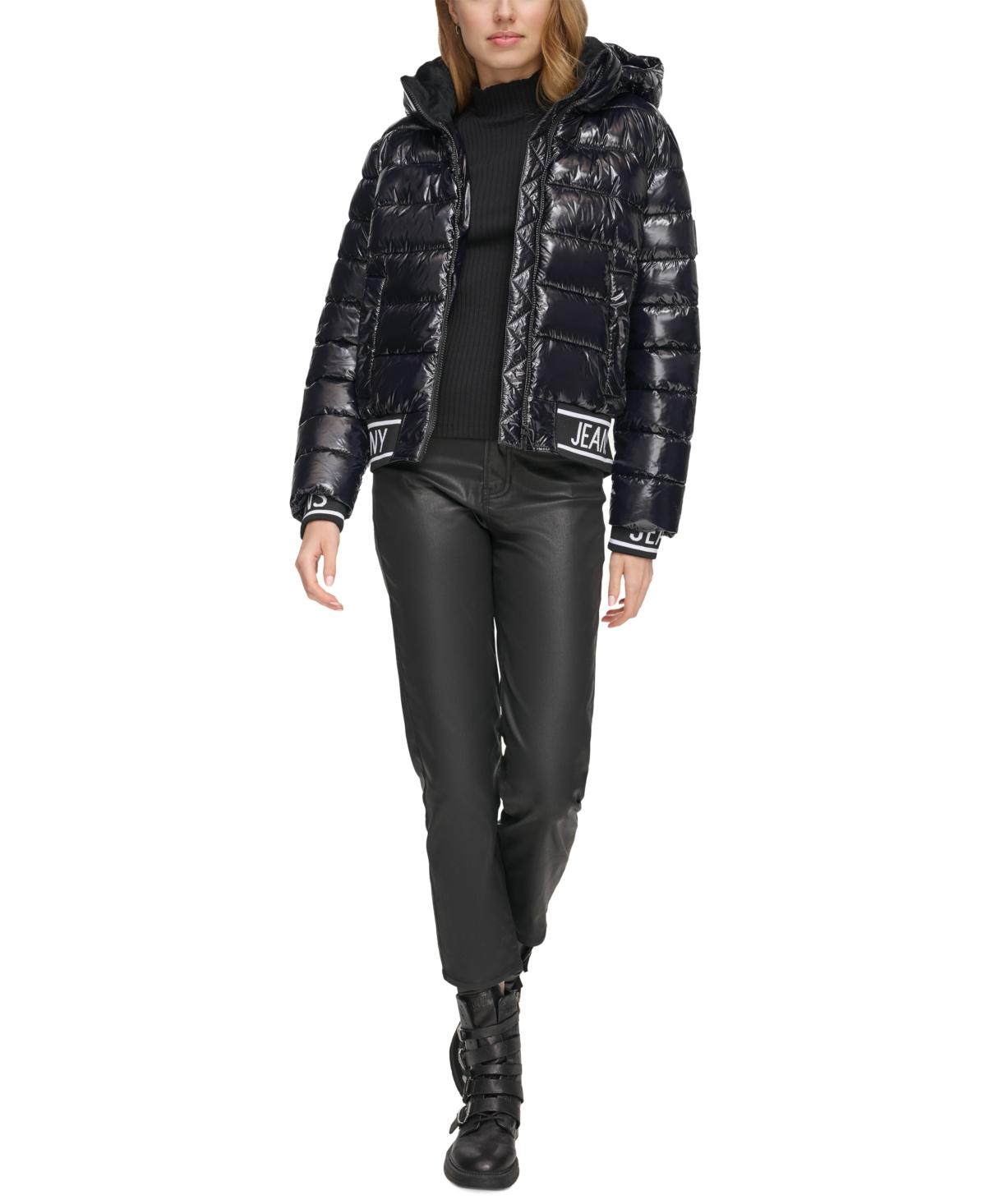 DKNY Logo hem Hooded Shine Puffer Jacket in Black Lyst