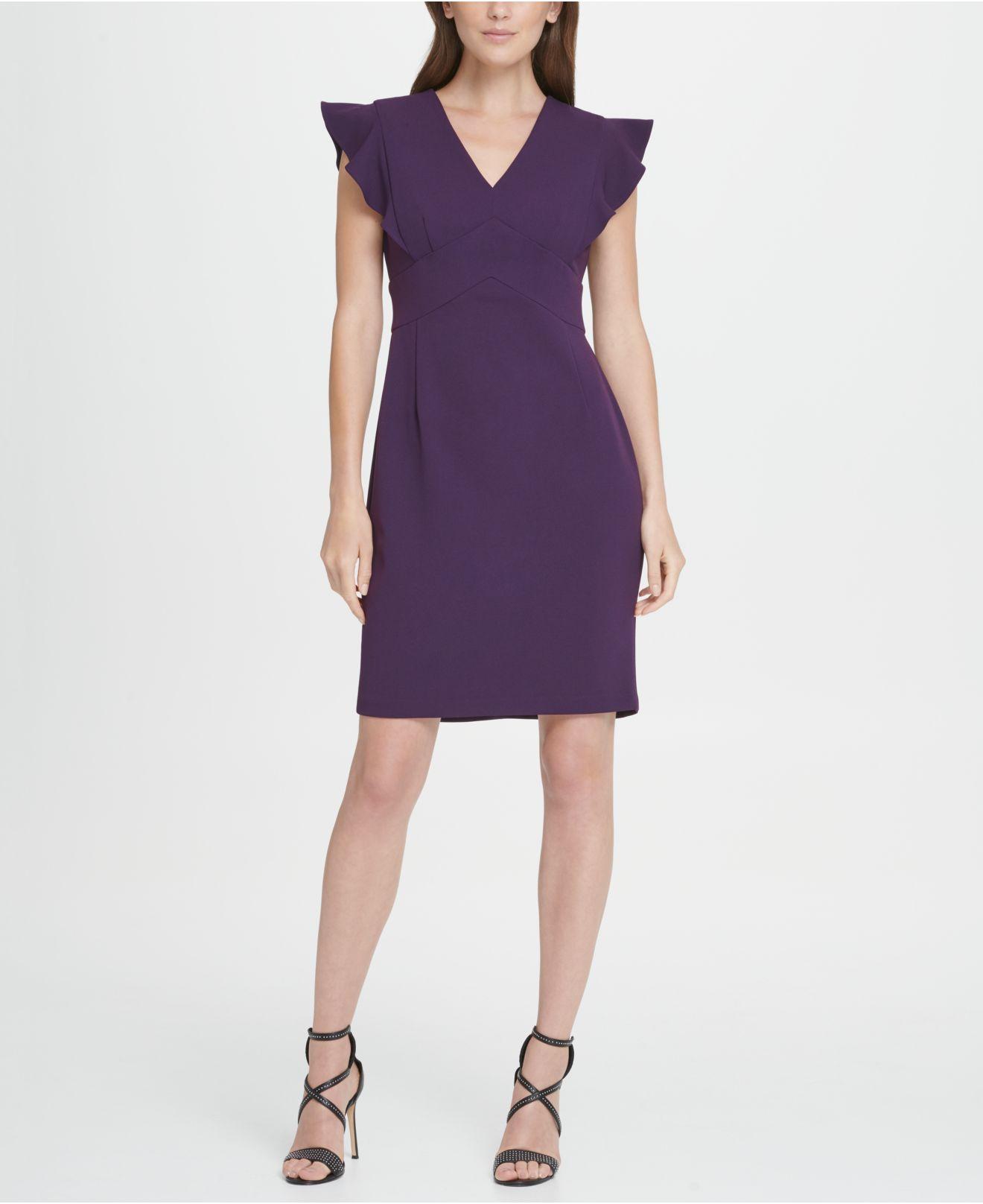 DKNY Synthetic V-neck Ruffle Cap Sleeve Sheath Dress in Purple - Lyst