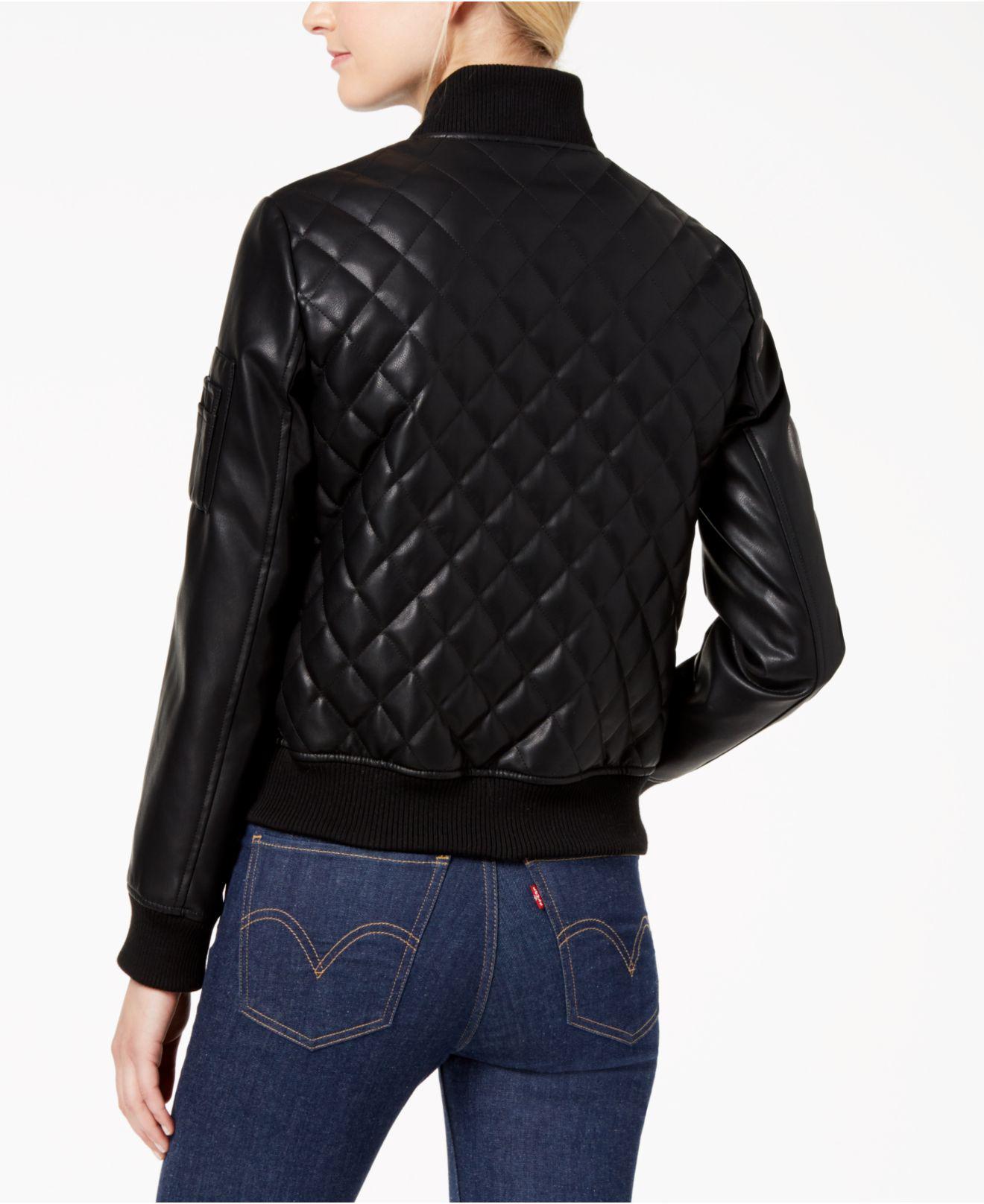 French Connection Diamond-quilted Faux-leather Bomber Jacket in Black - Lyst