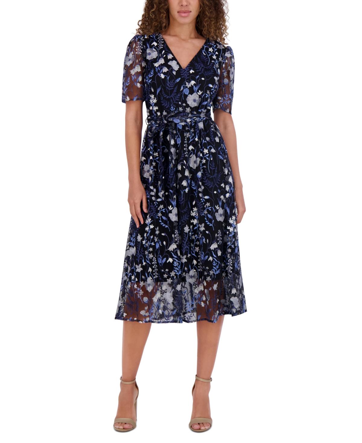 Kensie Embroidered Mesh Tie-waist Midi Dress in Blue | Lyst