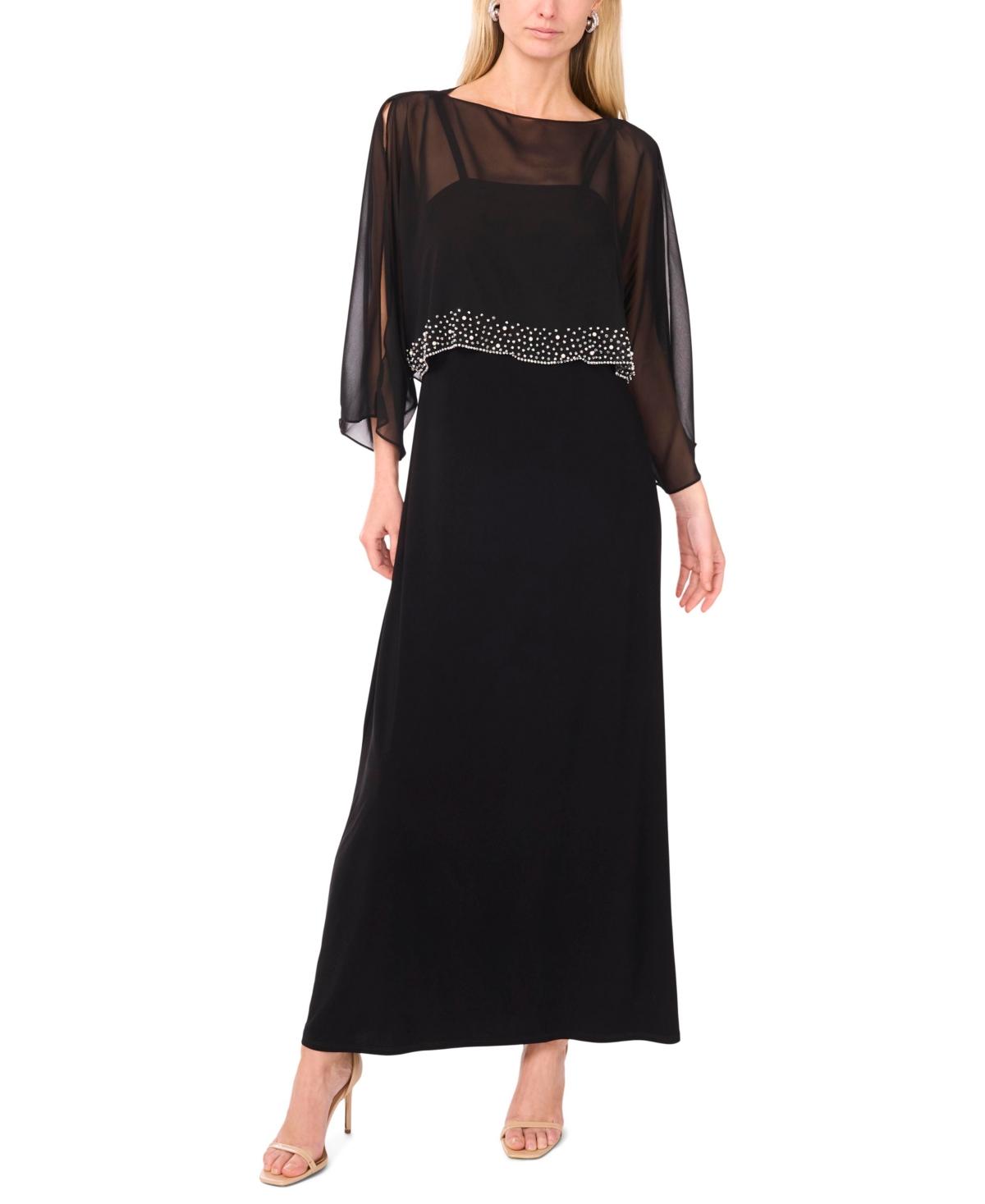 msk beaded-strap capelet-back dress Linh Nga LMBCT298 – Strapless Beaded Gown with Sheer Cape Overlay