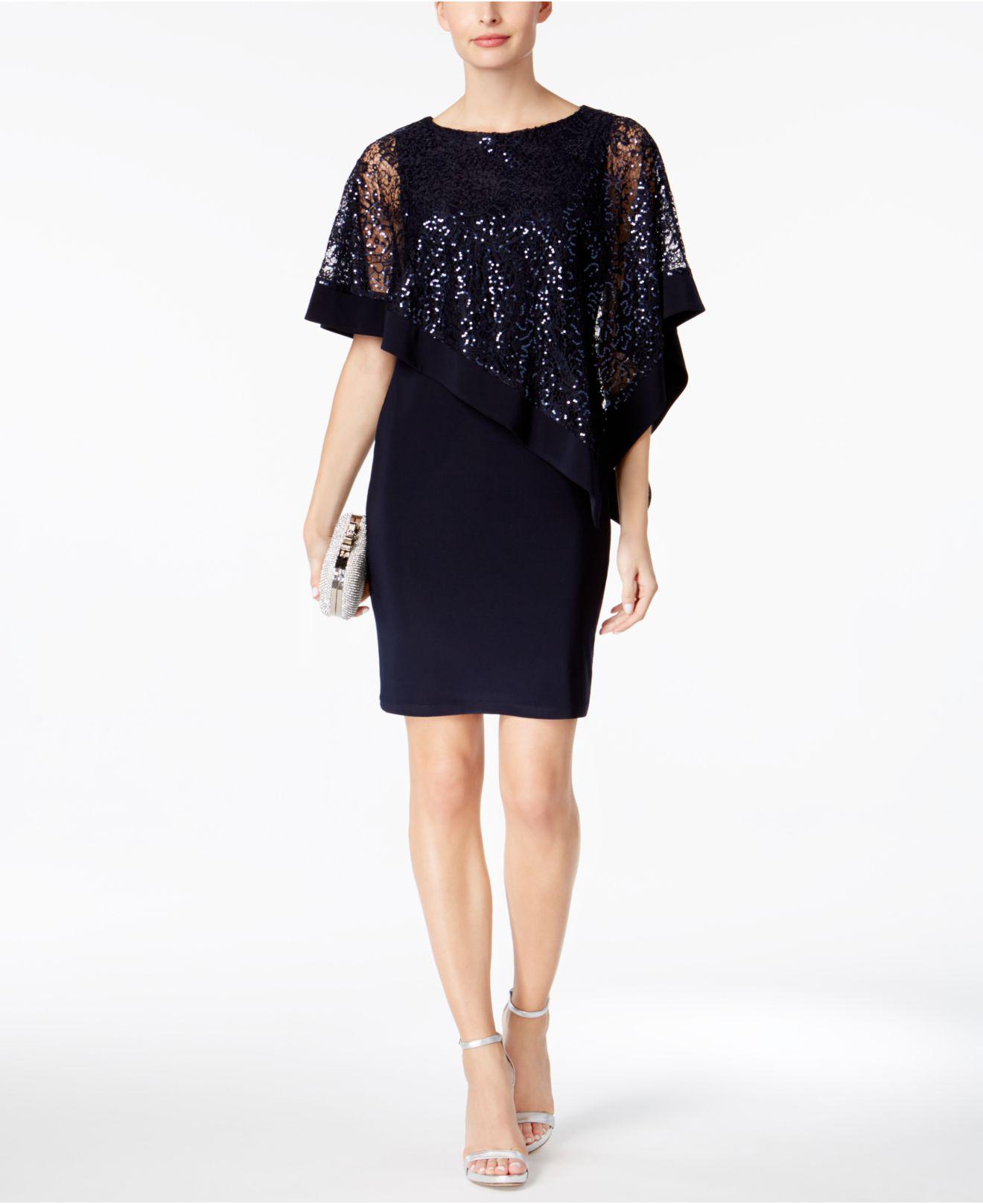 R & M Richards Lace Sequined Cape Sheath Dress in Navy (Blue) - Lyst