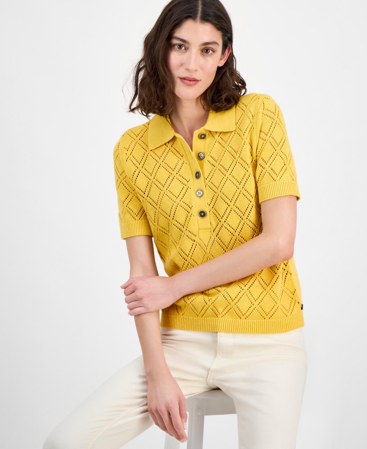 売れ筋商品|||トミーヒルフィガー カットソー トップス レディース Women's Crop Badge Short-Sleeve Polo Top Yellow Dahlia Tommy Hilfiger Short-sleeve tops for Women | Online Sale up