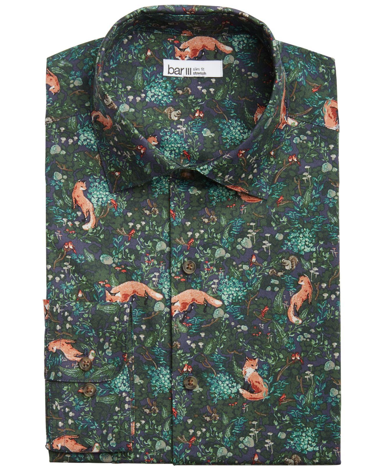 Bar Iii Organic Cotton Forest Fox-print Slim Fit Dress Shirt