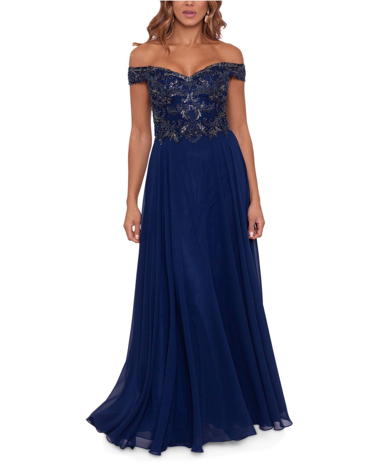 Xscape Petite Off-the-shoulder Embellished Gown in Blue | Lyst
