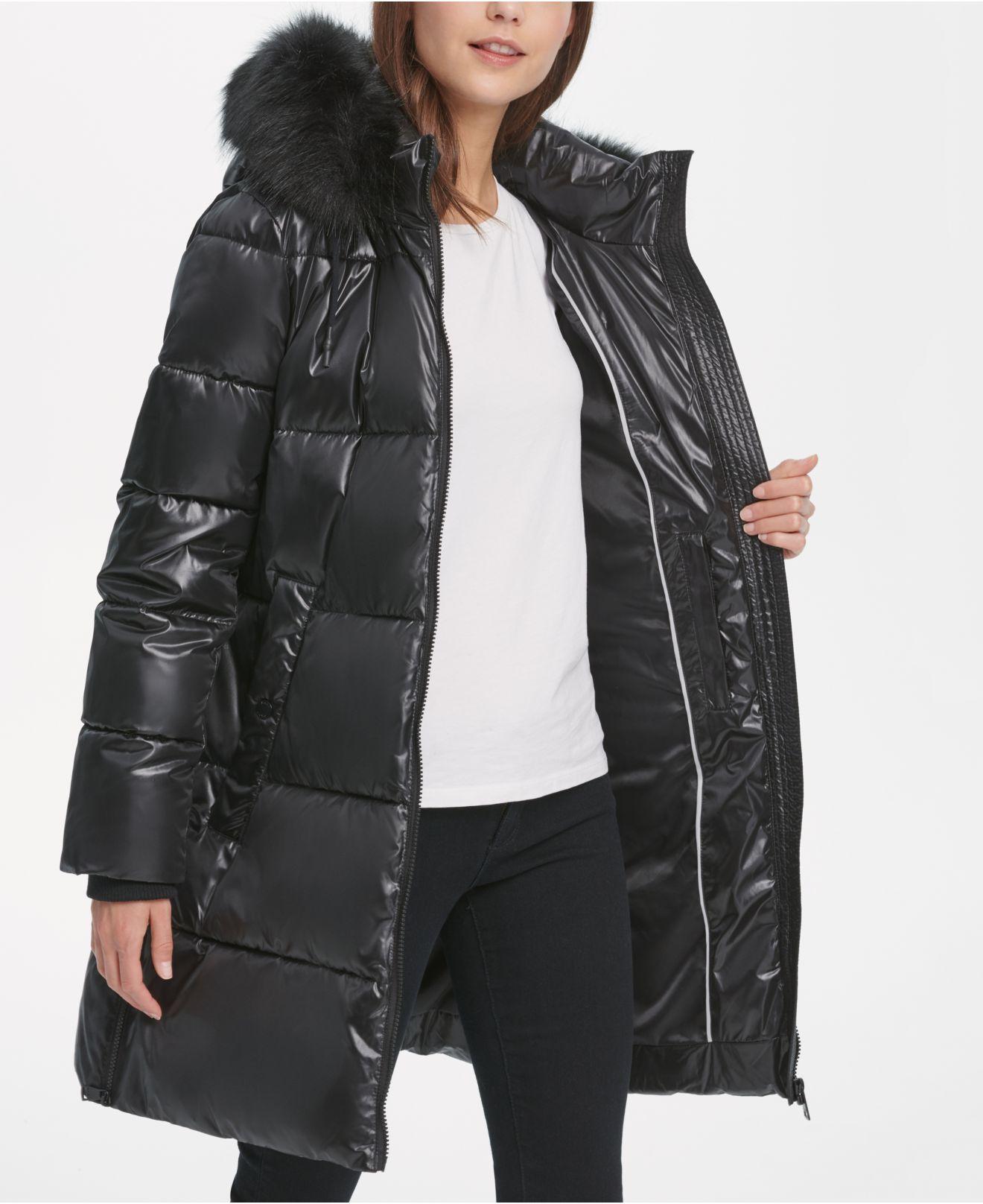 DKNY High-shine Faux-fur-trim Hooded Puffer Coat in Black - Lyst