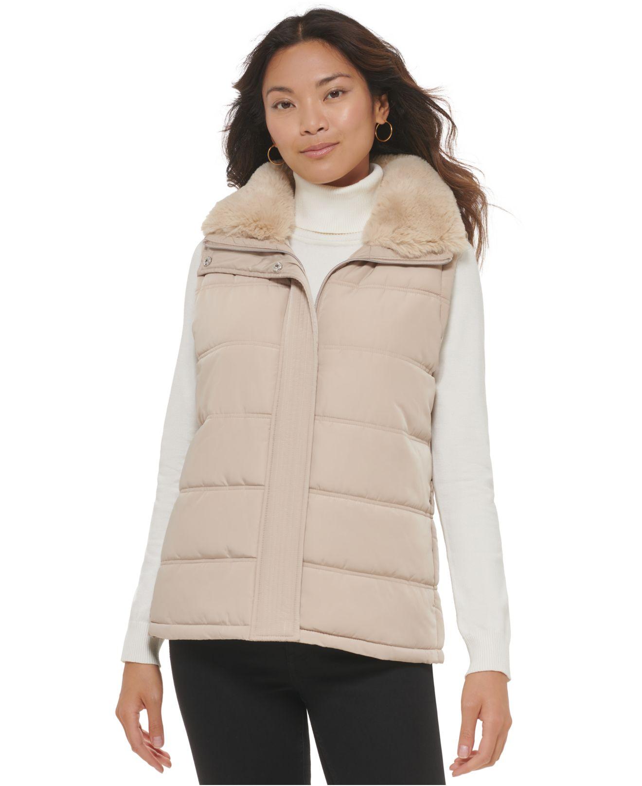 Calvin Klein Faux Fur Collar Puffer Vest in Natural Lyst