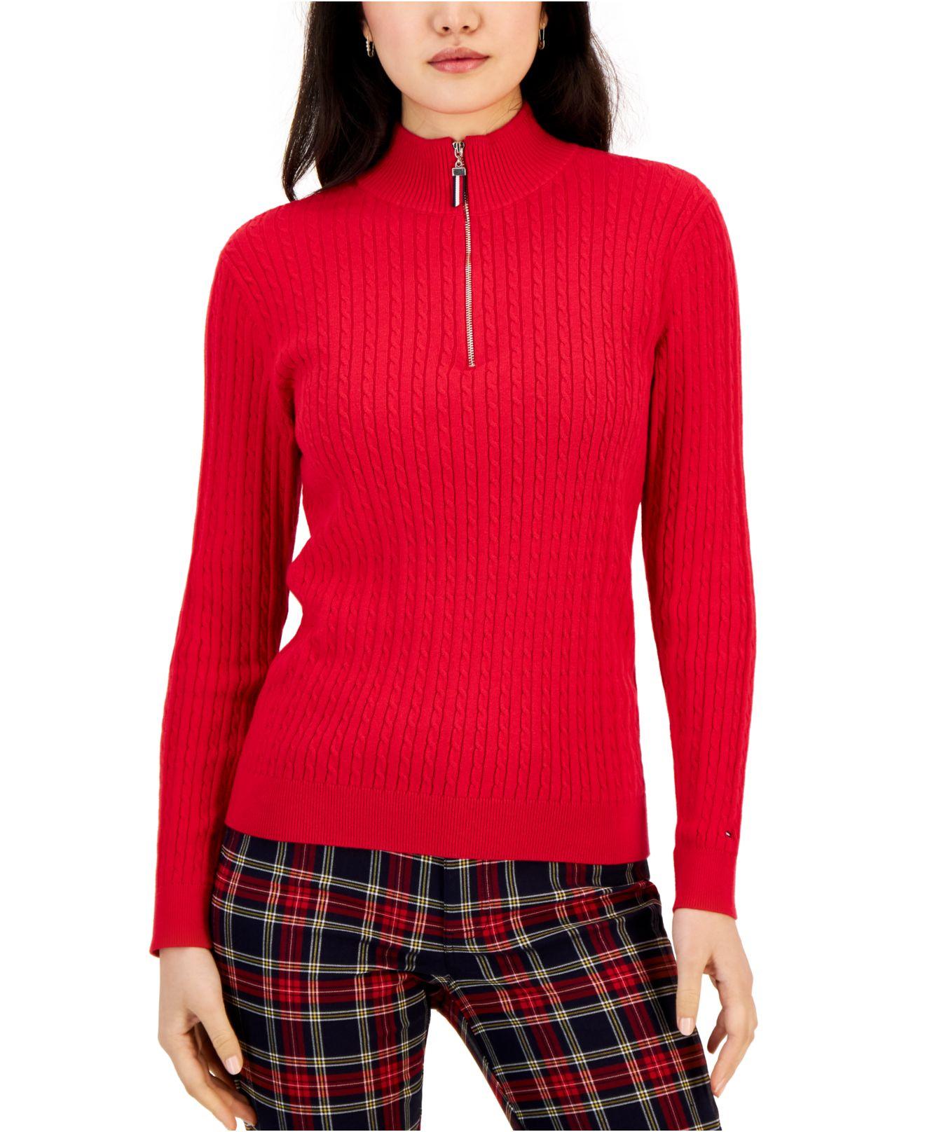 Tommy Hilfiger Cotton Mock Turtleneck Cableknit Sweater in Scarlet