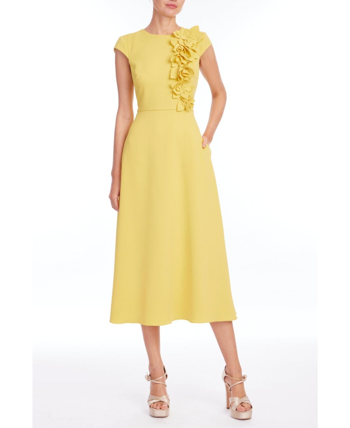 badgley mischka gold pleated midi dress Badgley Mischka Pleated Corsage A-line Midi Dress in Yellow