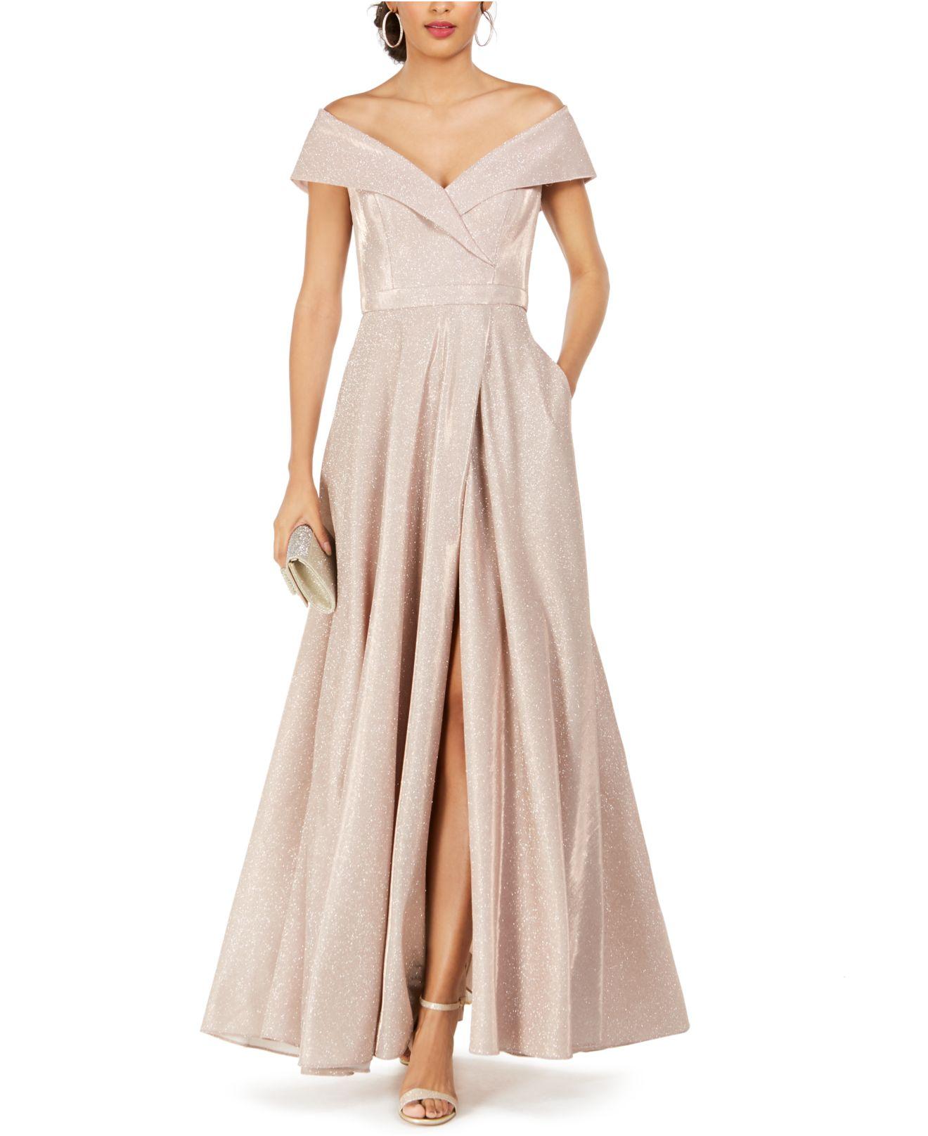 xscape off the shoulder glitter gown