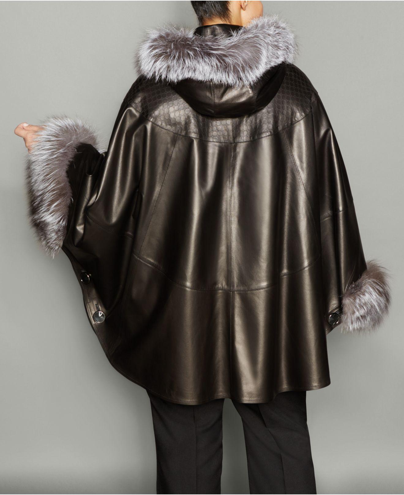 The Fur Vault Plus Size Fox-fur-trim Leather Cape in Black | Lyst