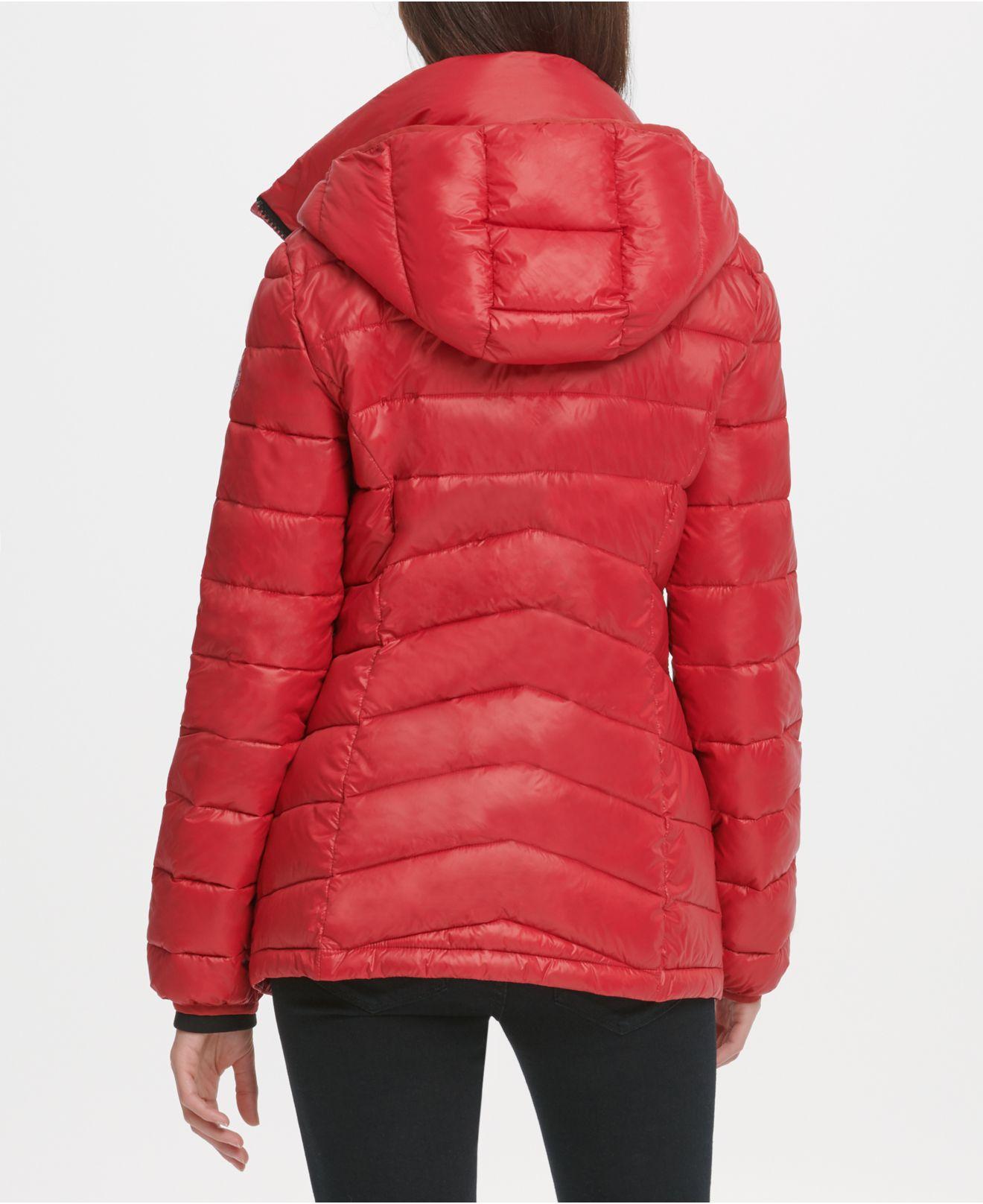 dkny asymmetrical hooded packable down puffer coat