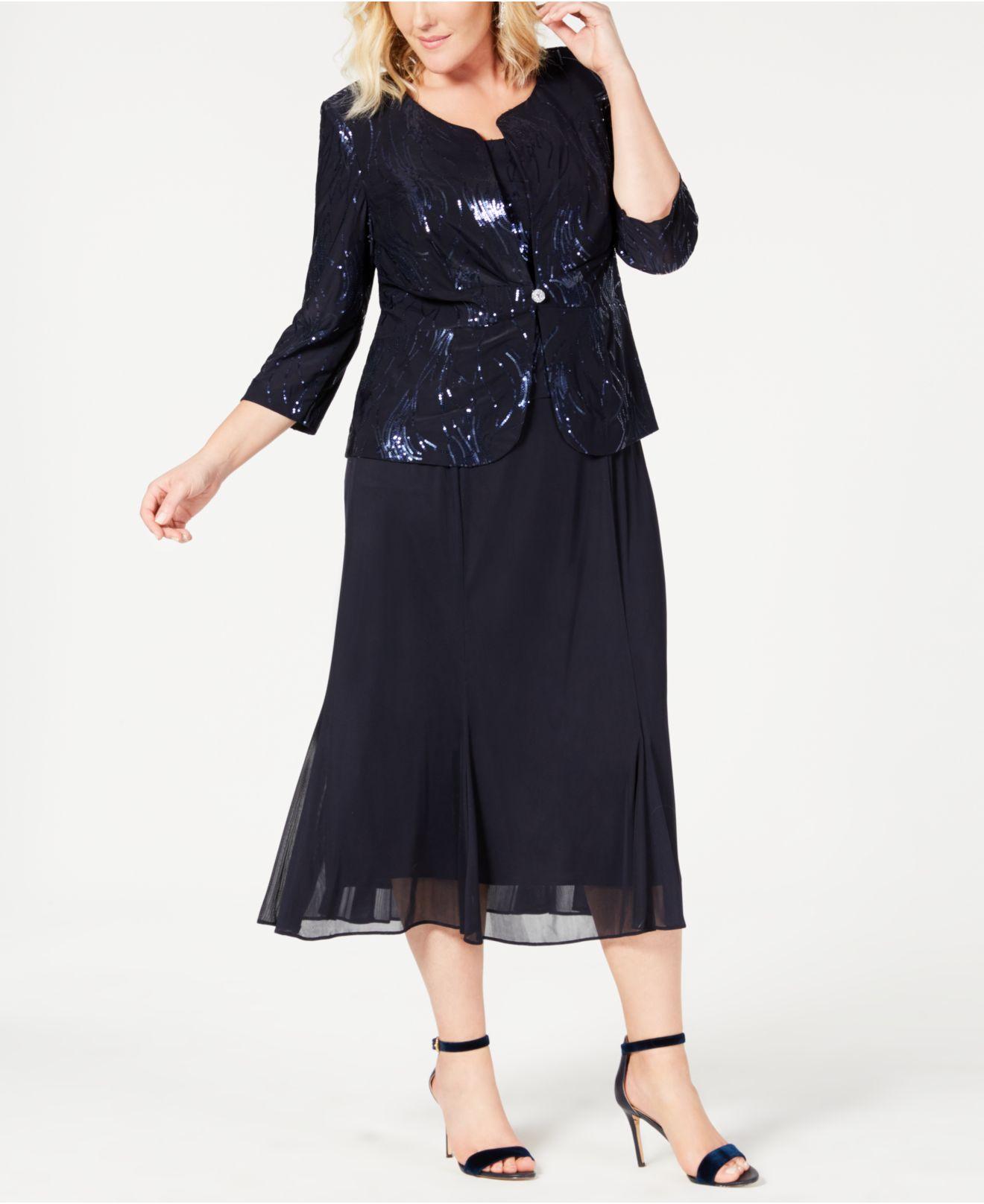 Alex Evenings Plus Size Sequined Chiffon Dress And Jacket in Navy (Blue ...
