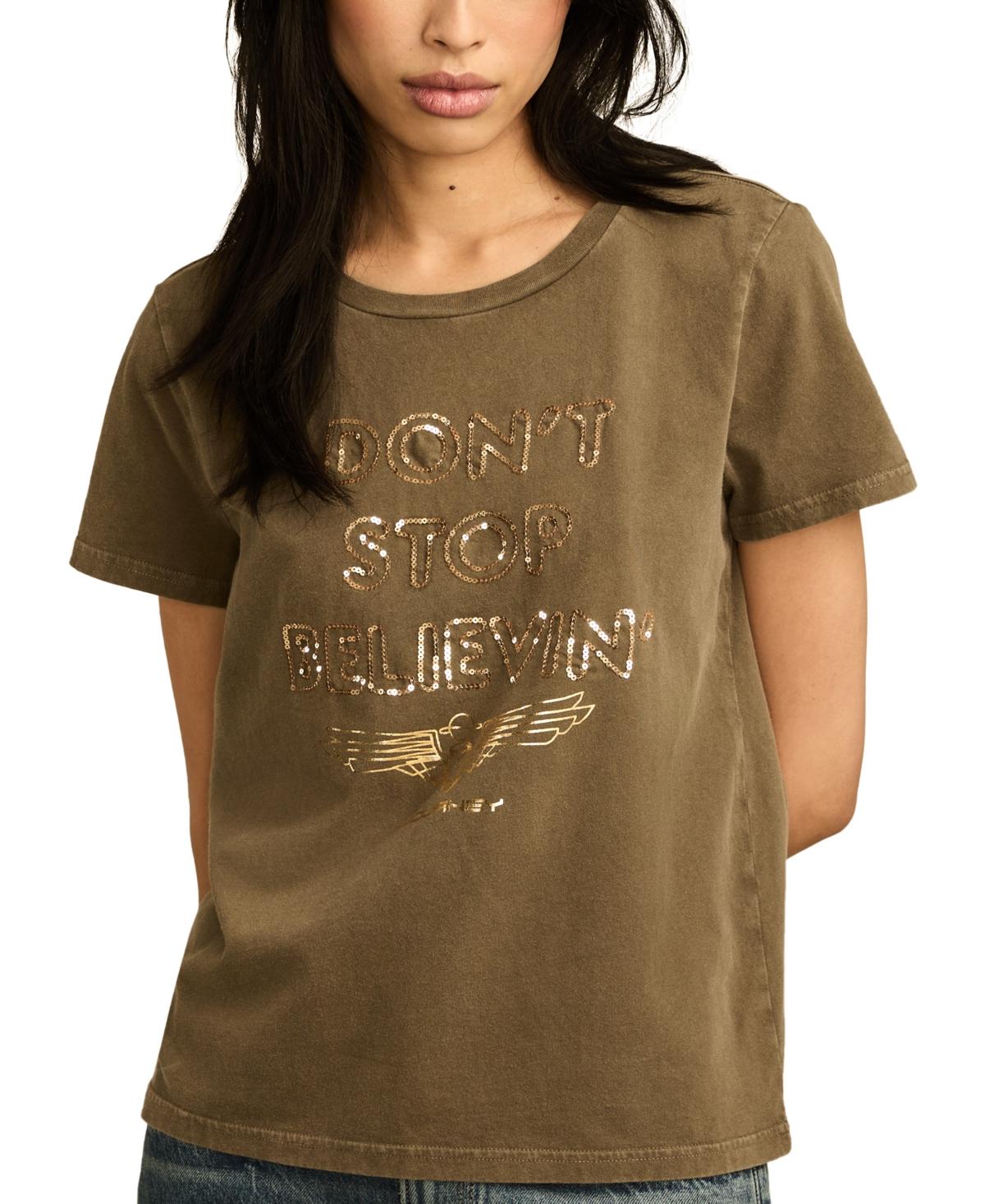 売れ筋商品|||ラッキーブランド カットソー トップス レディース Women's Cotton Don't Stop Believin' Sequin Crewneck Tee Tarmac Lucky Brand Cotton Don't Stop Believin' Sequin Crewneck Tee