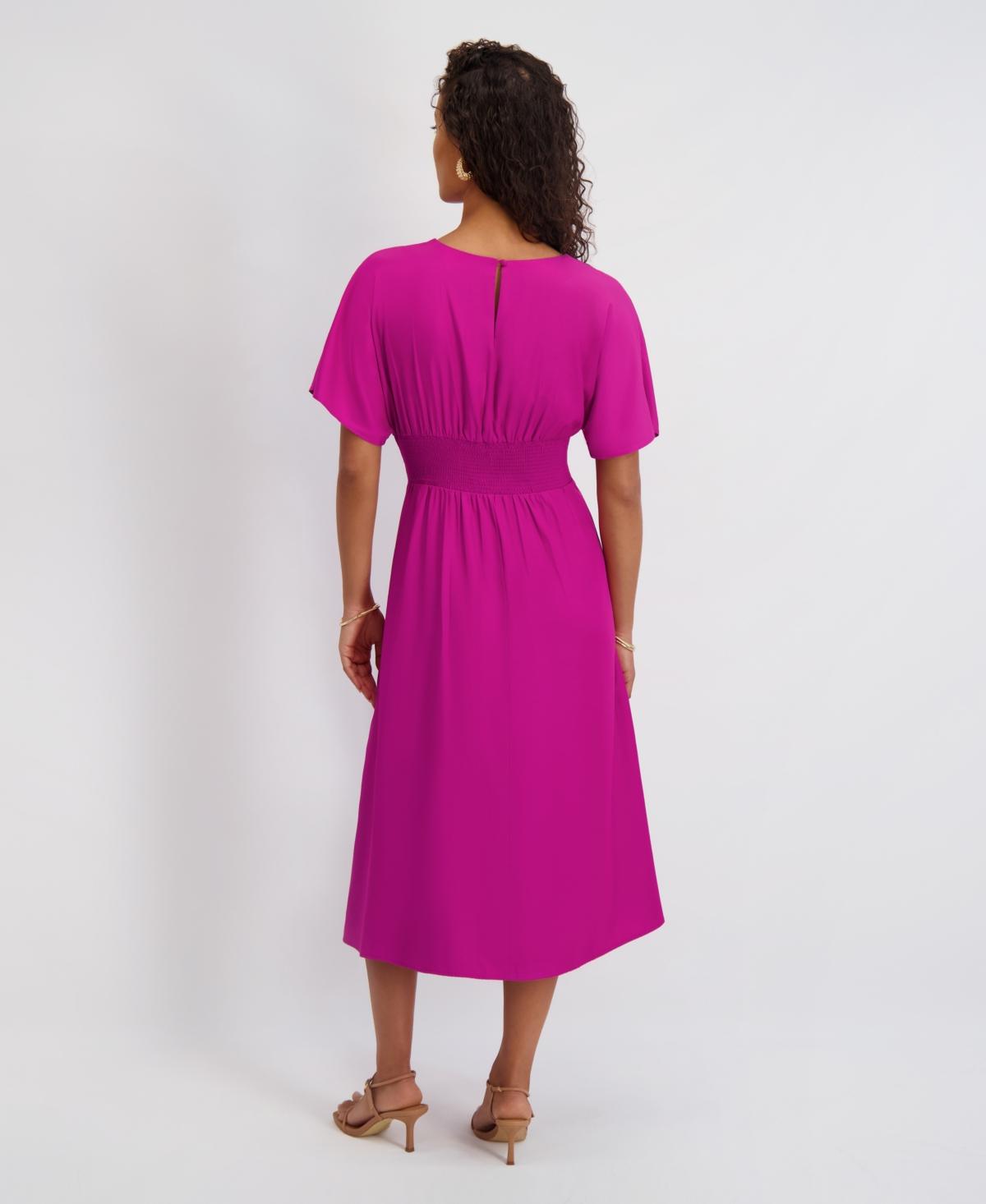 kensie short sleeve smocked waist a line midi dress Kensie Women's Dolman-Sleeve Cinched-Waist Midi Dress - Chocolate