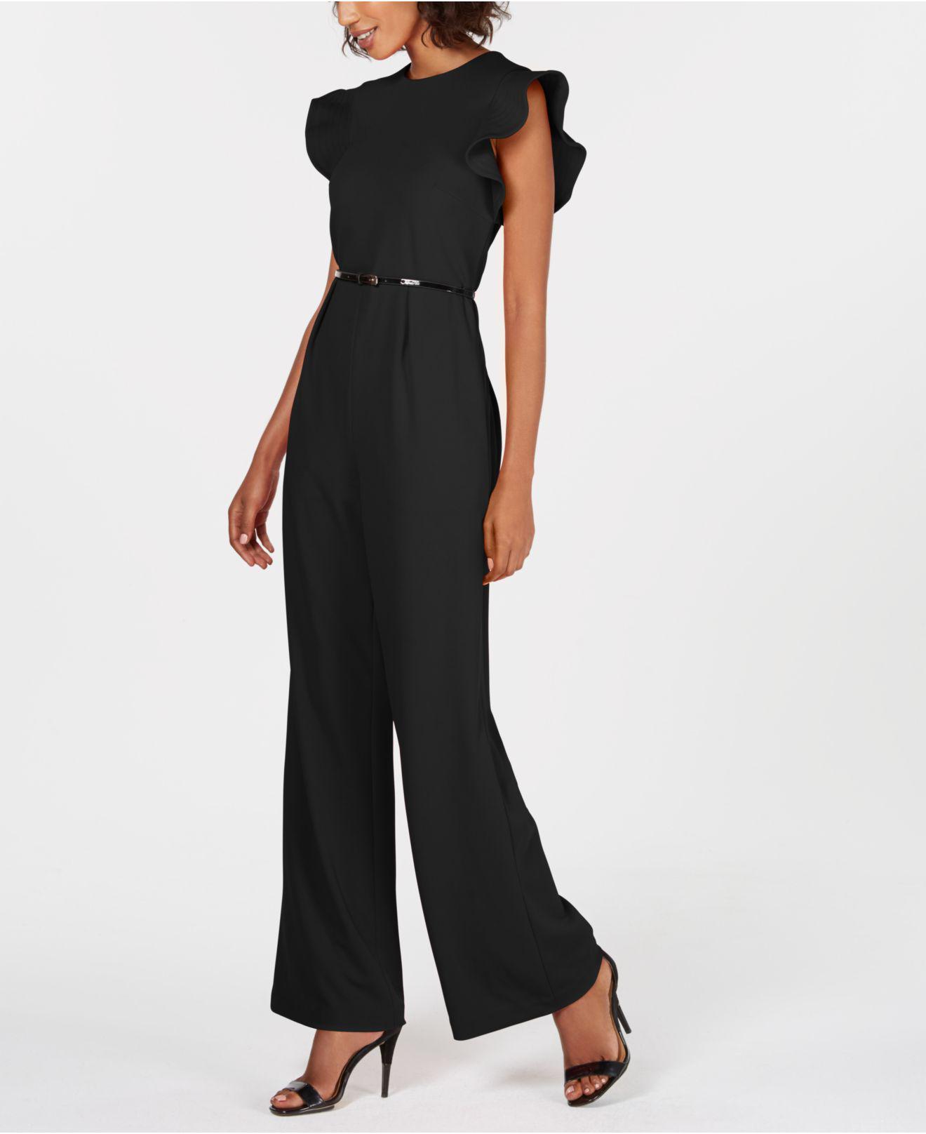 Calvin Klein Belted Ruffle-sleeve Jumpsuit in Black - Lyst
