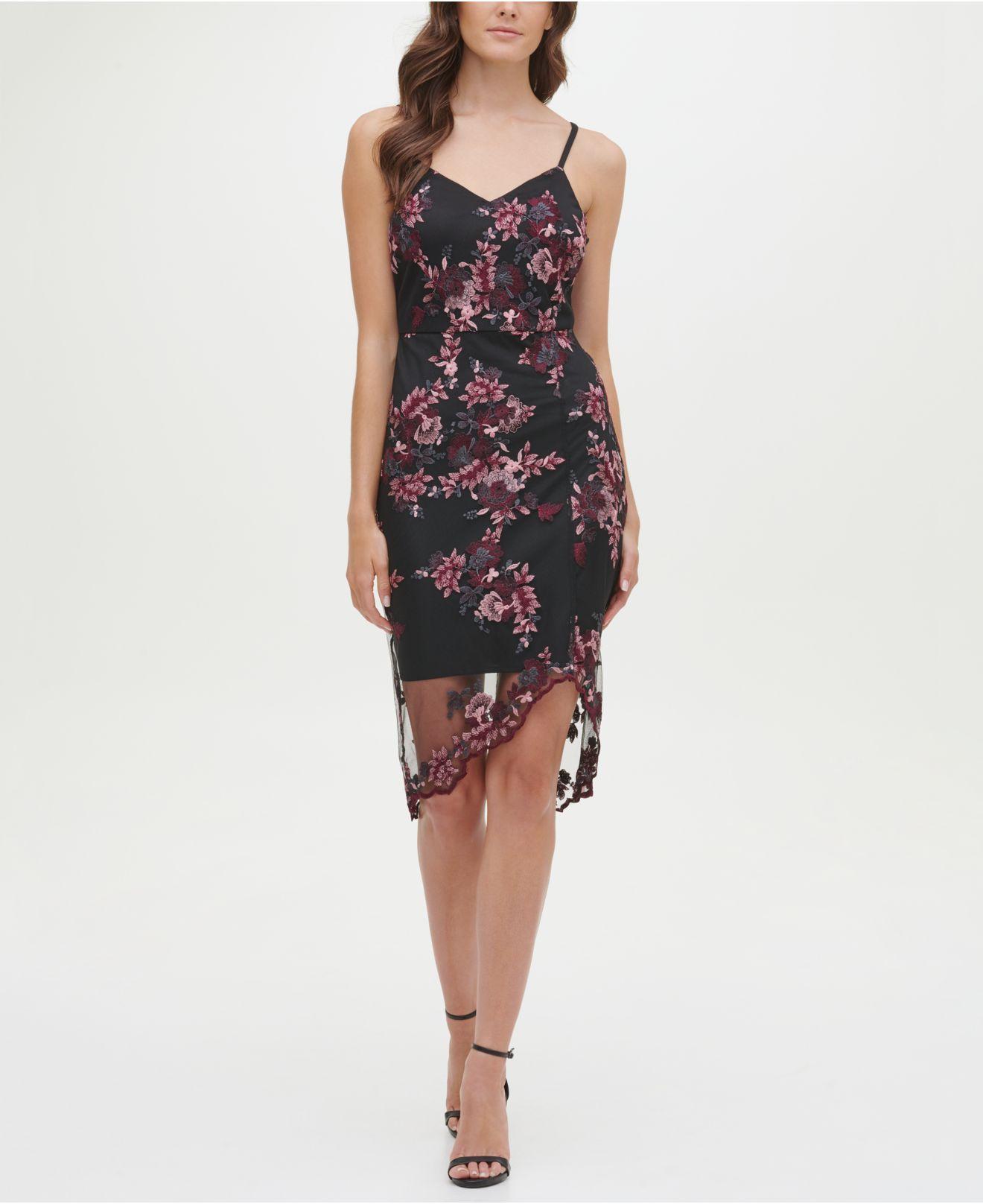 Guess Romantic Embroidered Lace Mini Sheath Dress in Black | Lyst