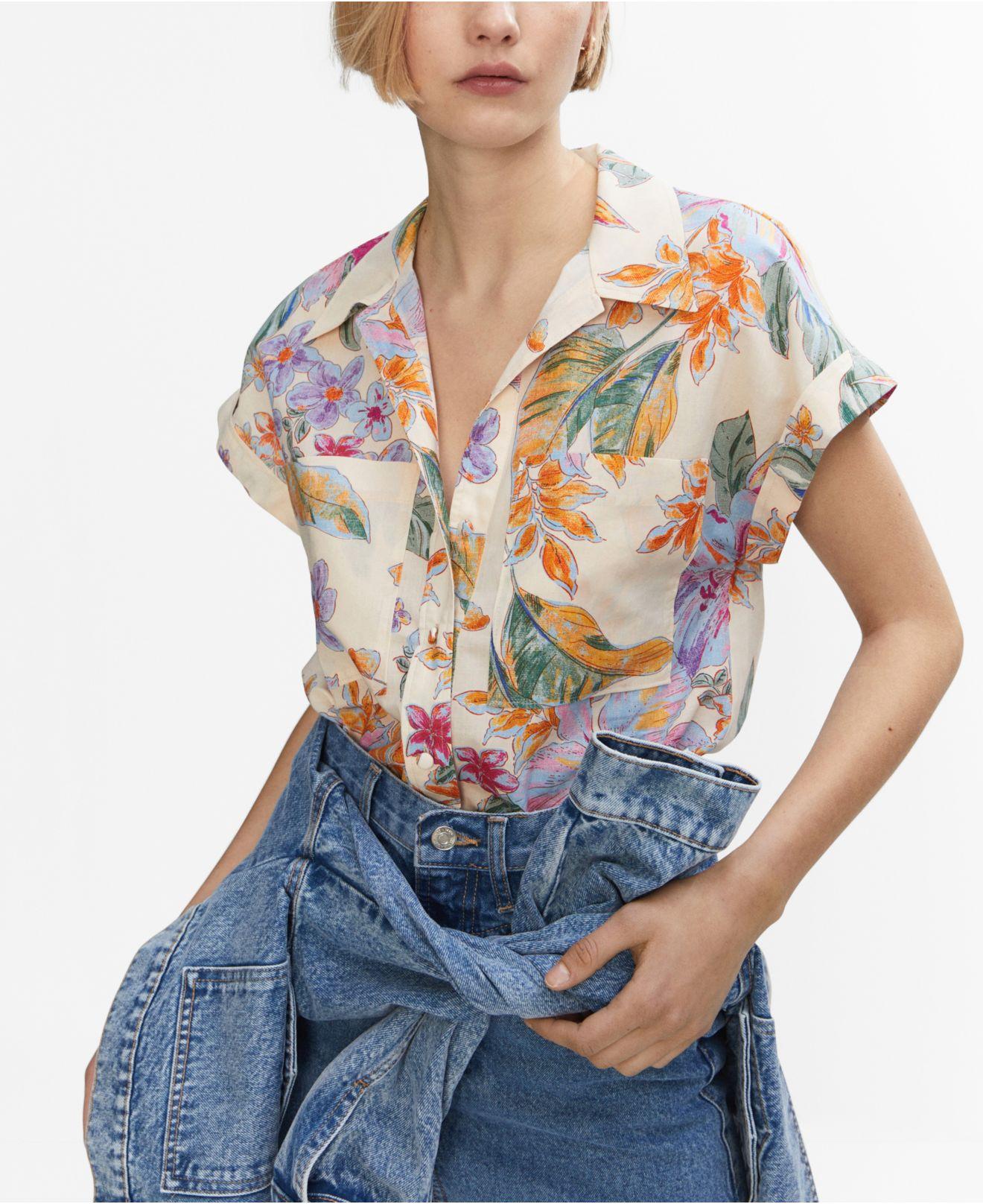 Mango Pockets Detail Floral Shirt in Blue | Lyst