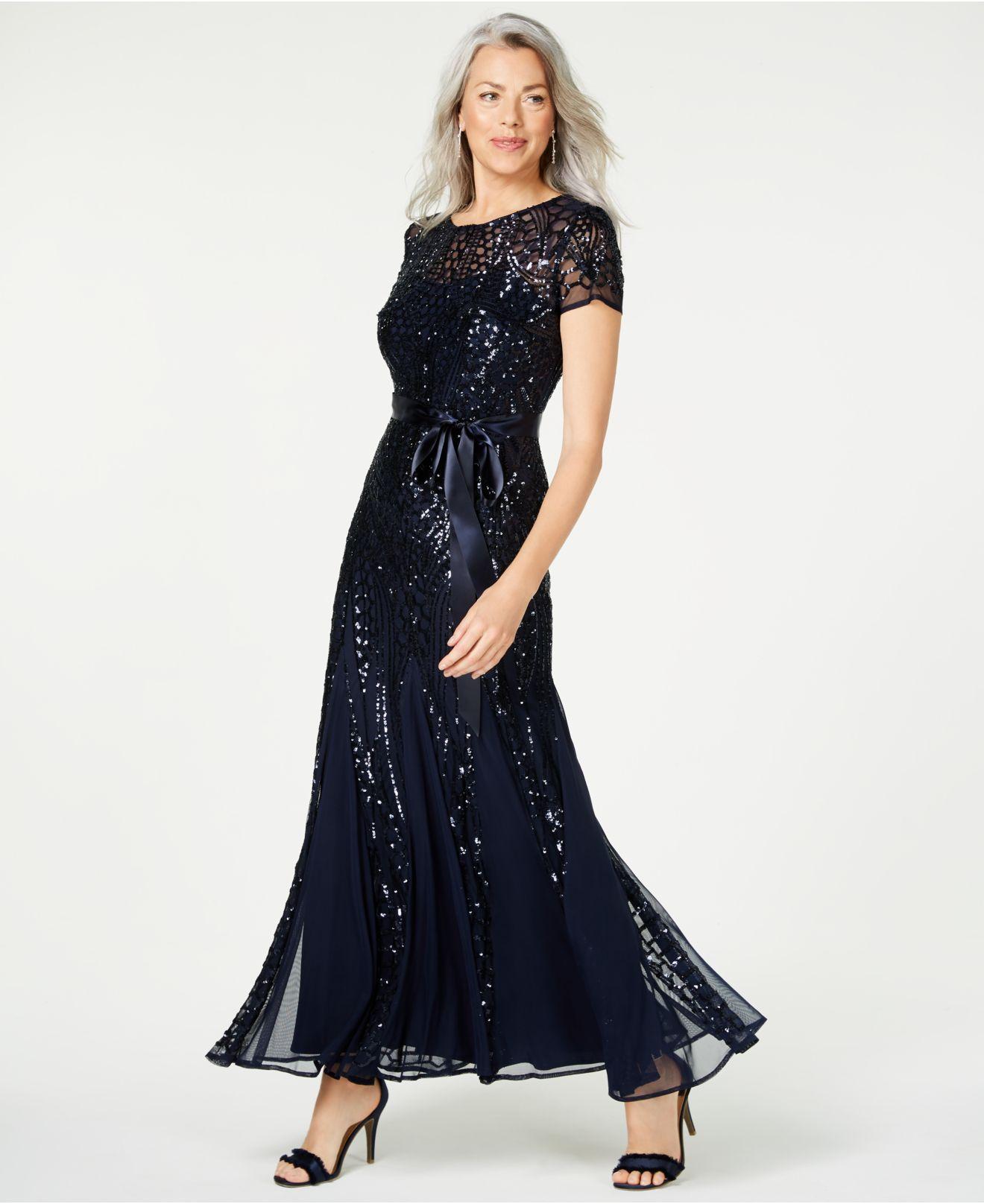 r&m richards embroidered sequin panel gown