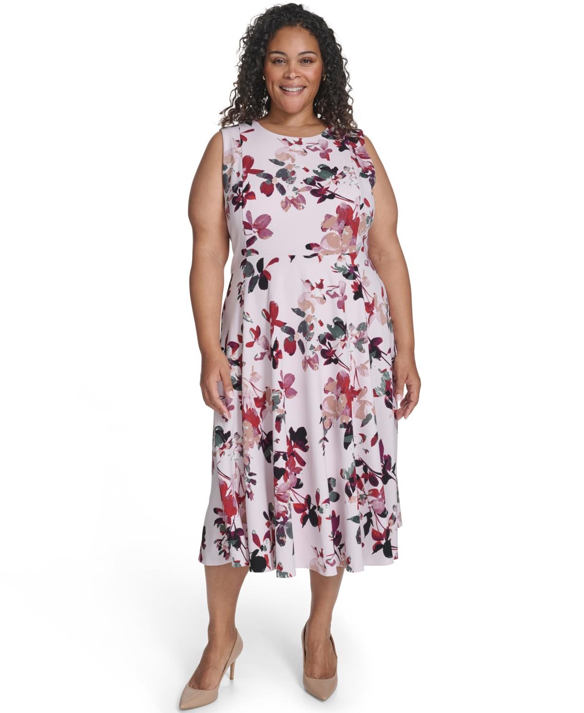 Calvin Klein Plus Size Floral Print Fit & Flare Dress in Red | Lyst