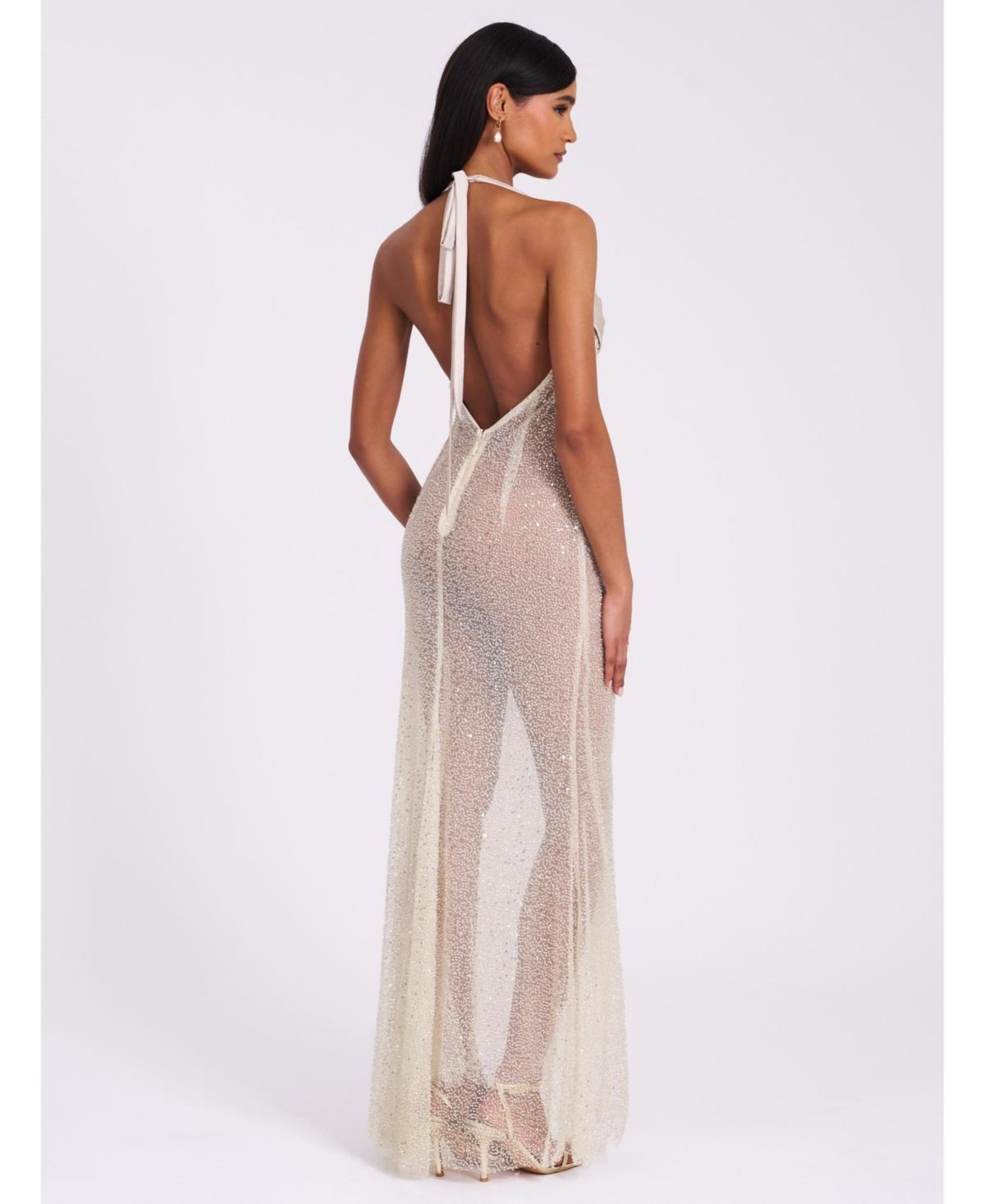 Miss Circle Zahya Lime Halter Backless Beaded Mesh Gown in White | Lyst