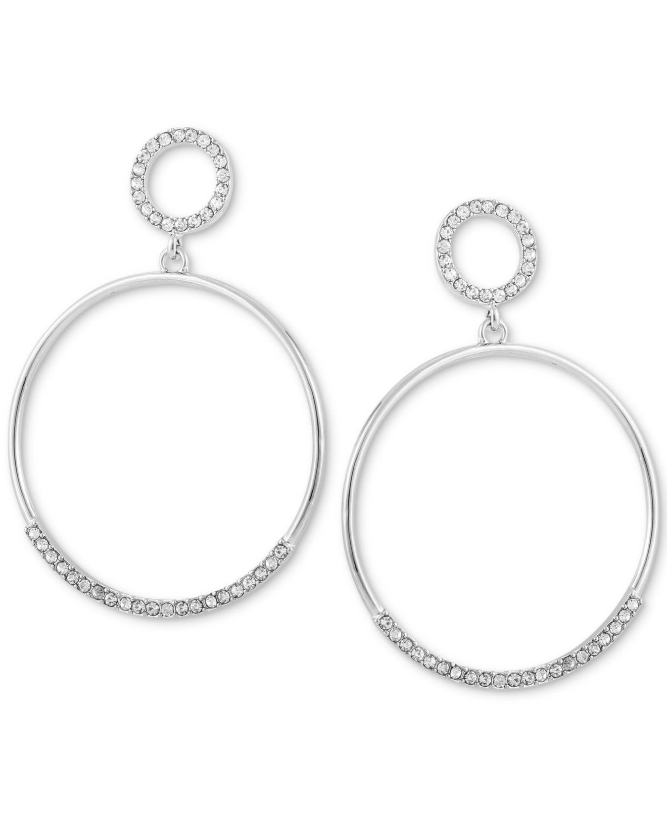 Guess Silvertone Crystal Double Hoop Drop Extra Large Earrings in